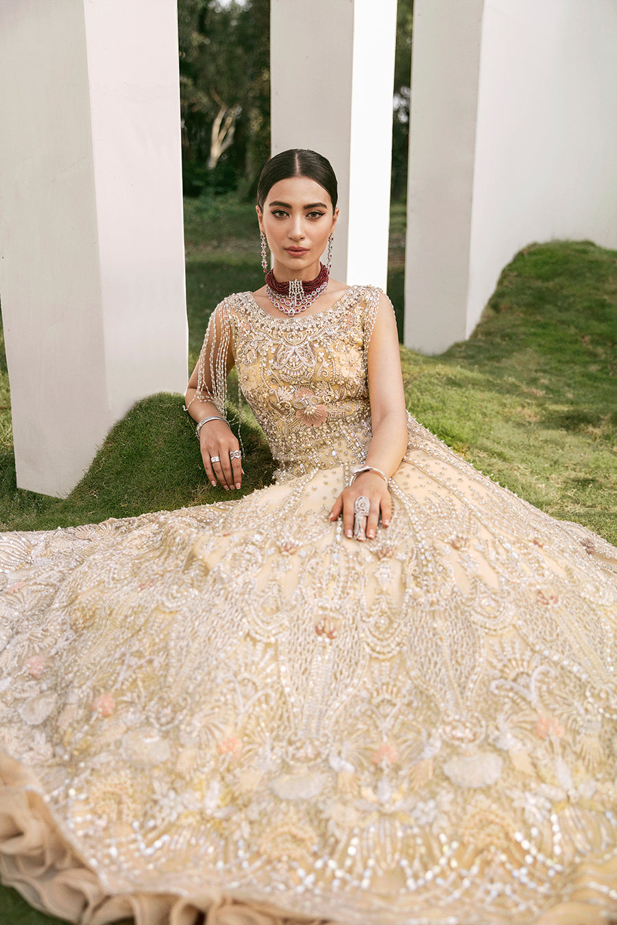 Pakistani Champagne Gold Embroidered Net Bridal Gown (2-Piece) - Image 3