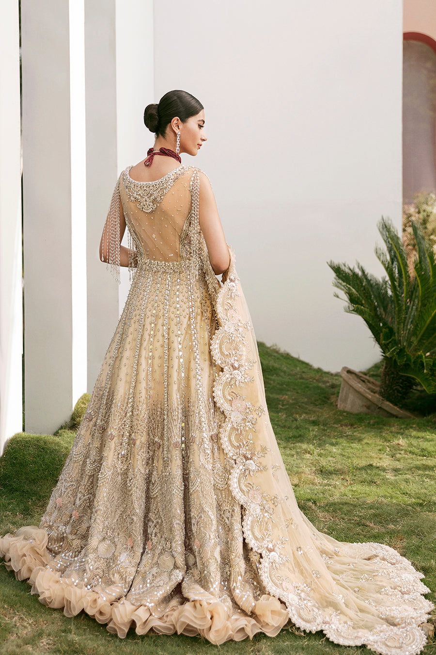 Pakistani Champagne Gold Embroidered Net Bridal Gown (2-Piece) - Image 4