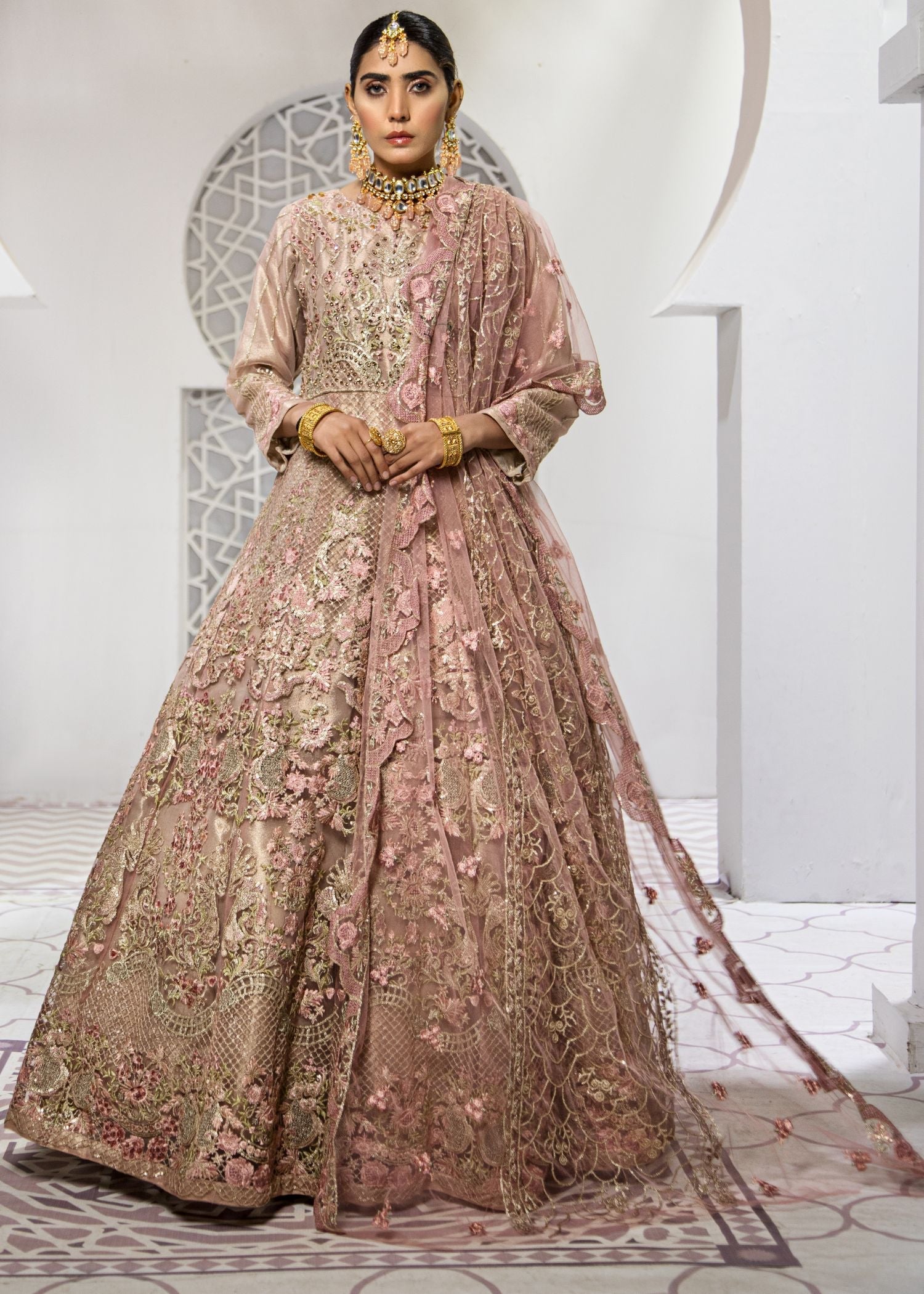 Marigold Embroidered Net Flared Maxi Dress (2-Piece) - Image 1