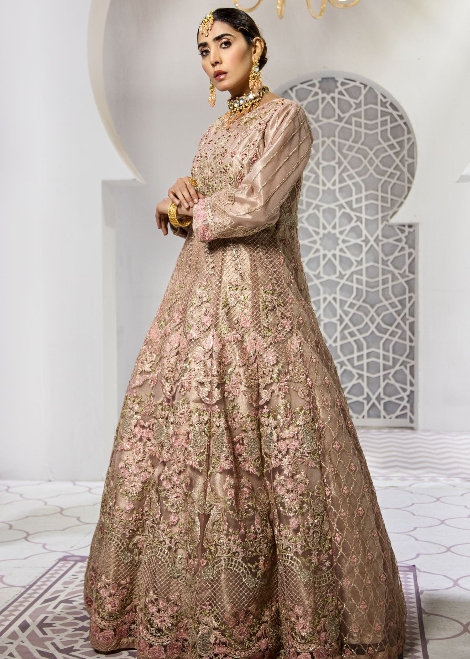 Marigold Embroidered Net Flared Maxi Dress (2-Piece) - Image 4