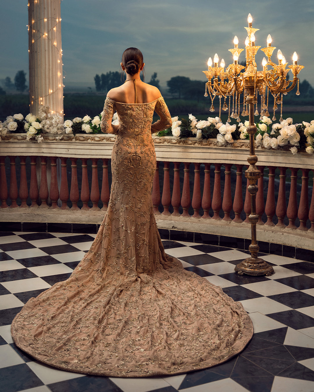 Champagne Gold Hand-Embellished Net Gown (2-Piece) - Image 2