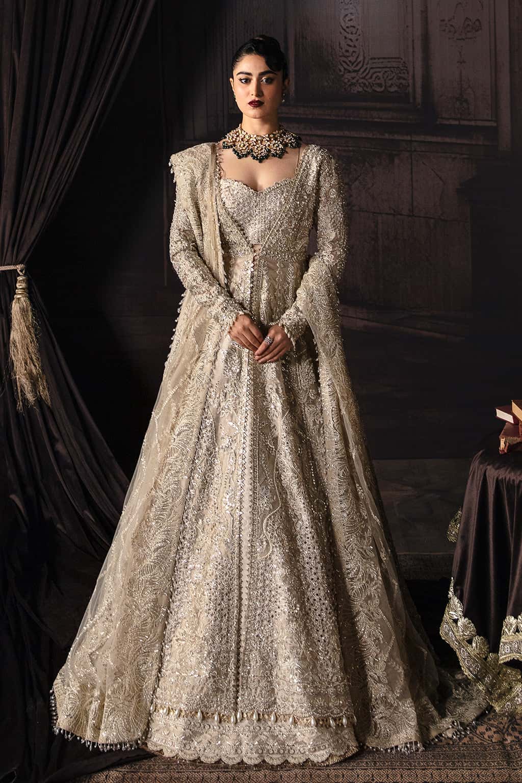 Pakistani Golden Zari Hand-Embellished Net Jamawar Bridal Gown (2-Piece) - Image 1