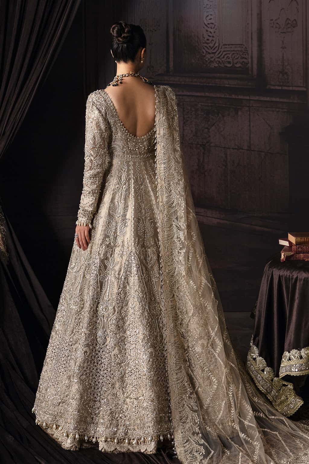 Pakistani Golden Zari Hand-Embellished Net Jamawar Bridal Gown (2-Piece) - Image 2