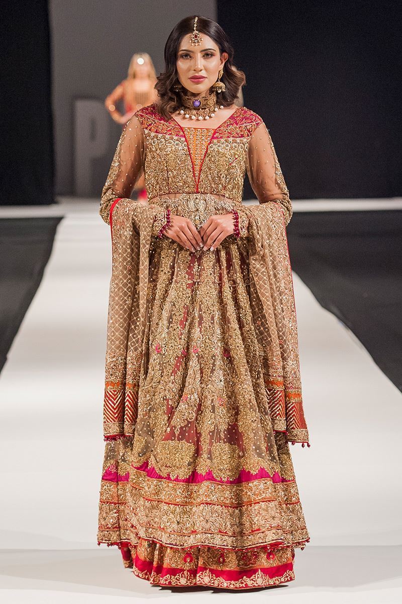 Golden Embellished Net Gown with Red Chiffon Lehnga (3-Piece) - Image 1