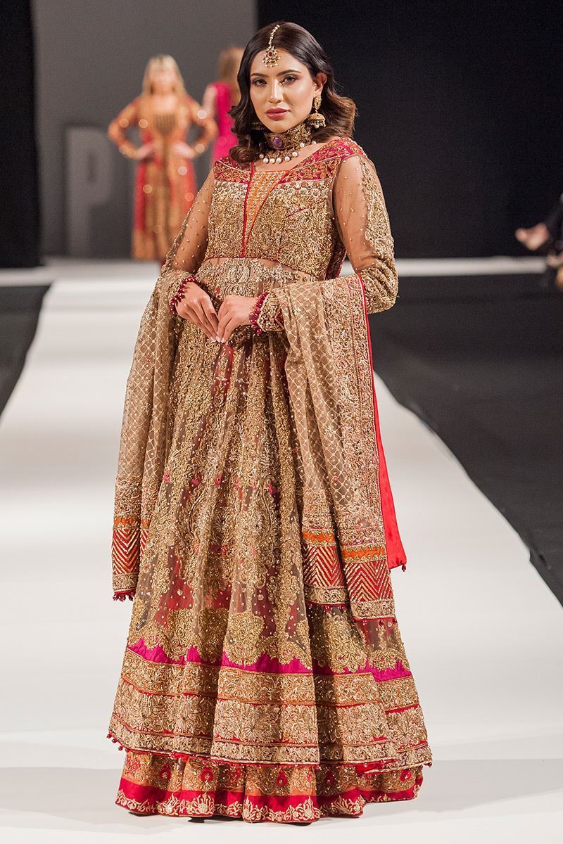 Golden Embellished Net Gown with Red Chiffon Lehnga (3-Piece) - Image 2