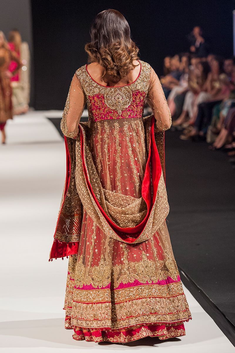Golden Embellished Net Gown with Red Chiffon Lehnga (3-Piece) - Image 3