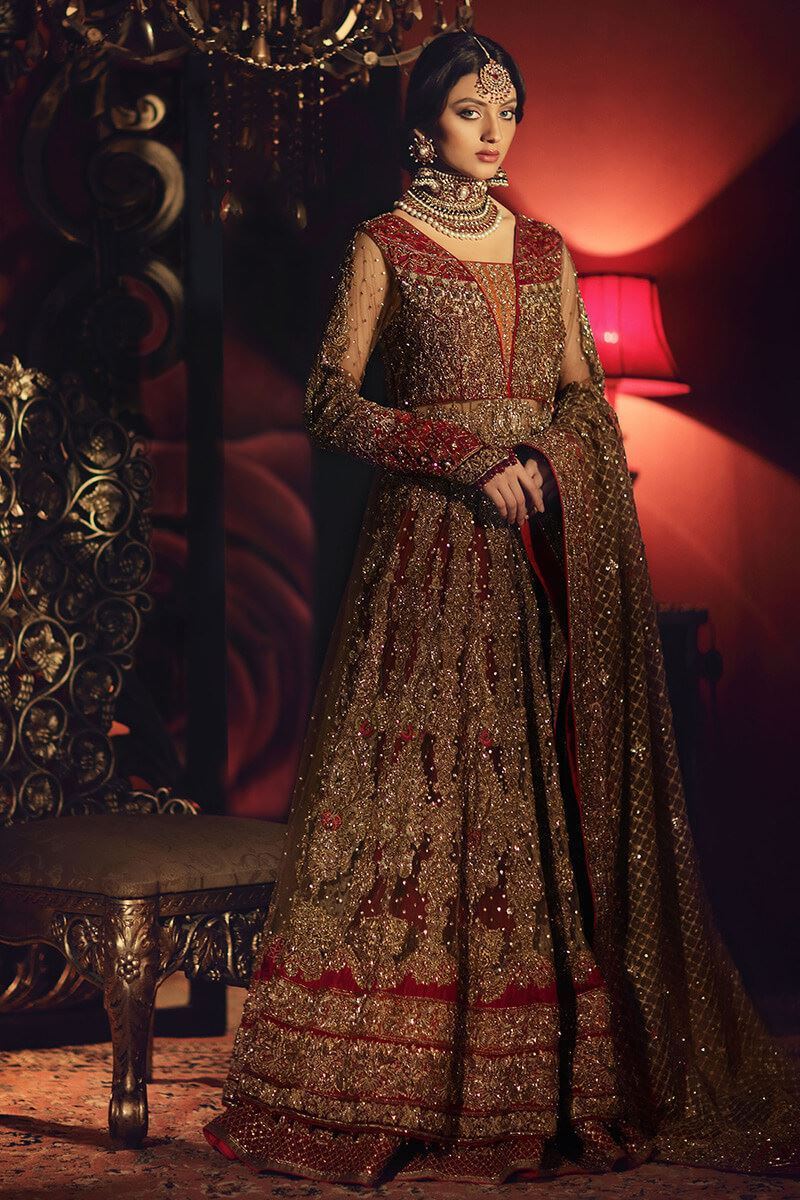 Gold Embellished Net Gown with Red Lehnga (3-Piece) - Image 1