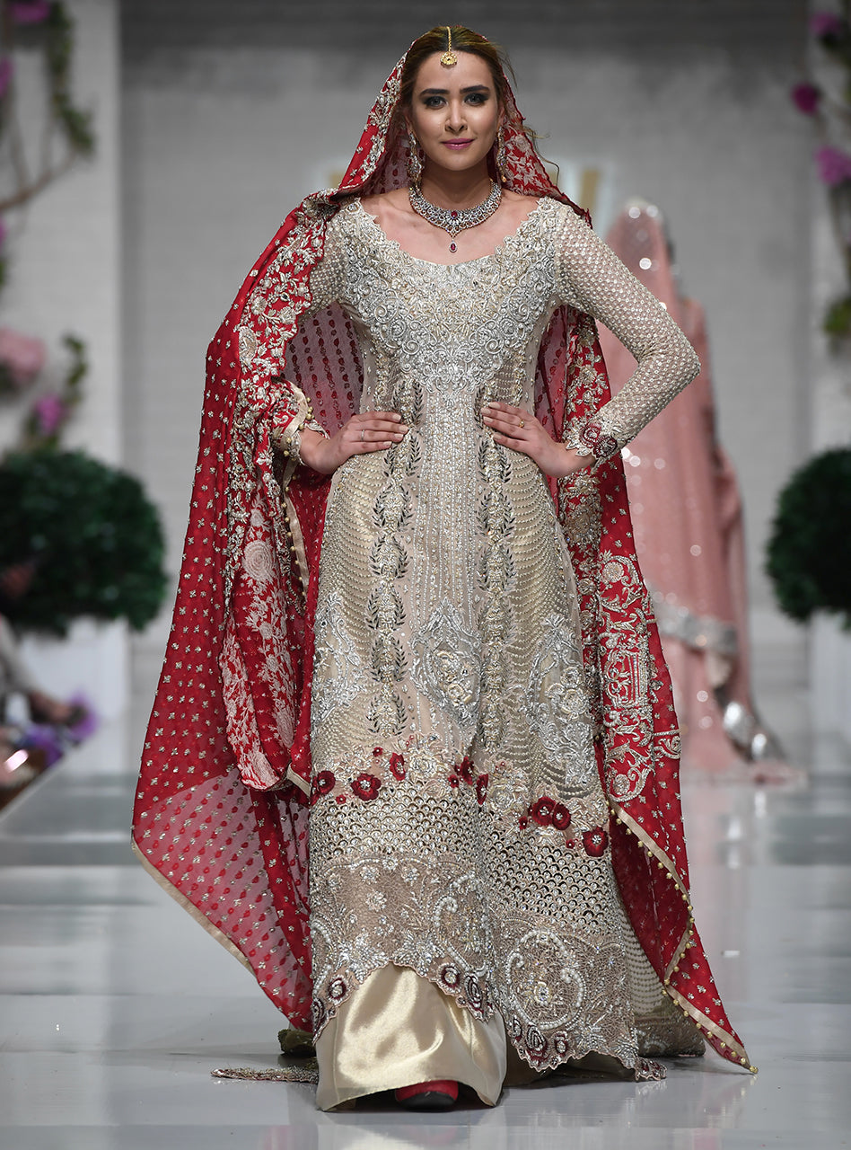 Pakistani Gold Embellished Net Bridal Gown (2-Piece) - Image 1