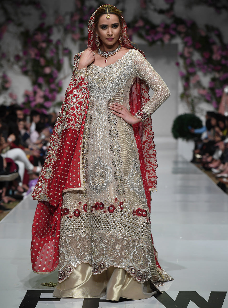 Pakistani Gold Embellished Net Bridal Gown (2-Piece) - Image 3