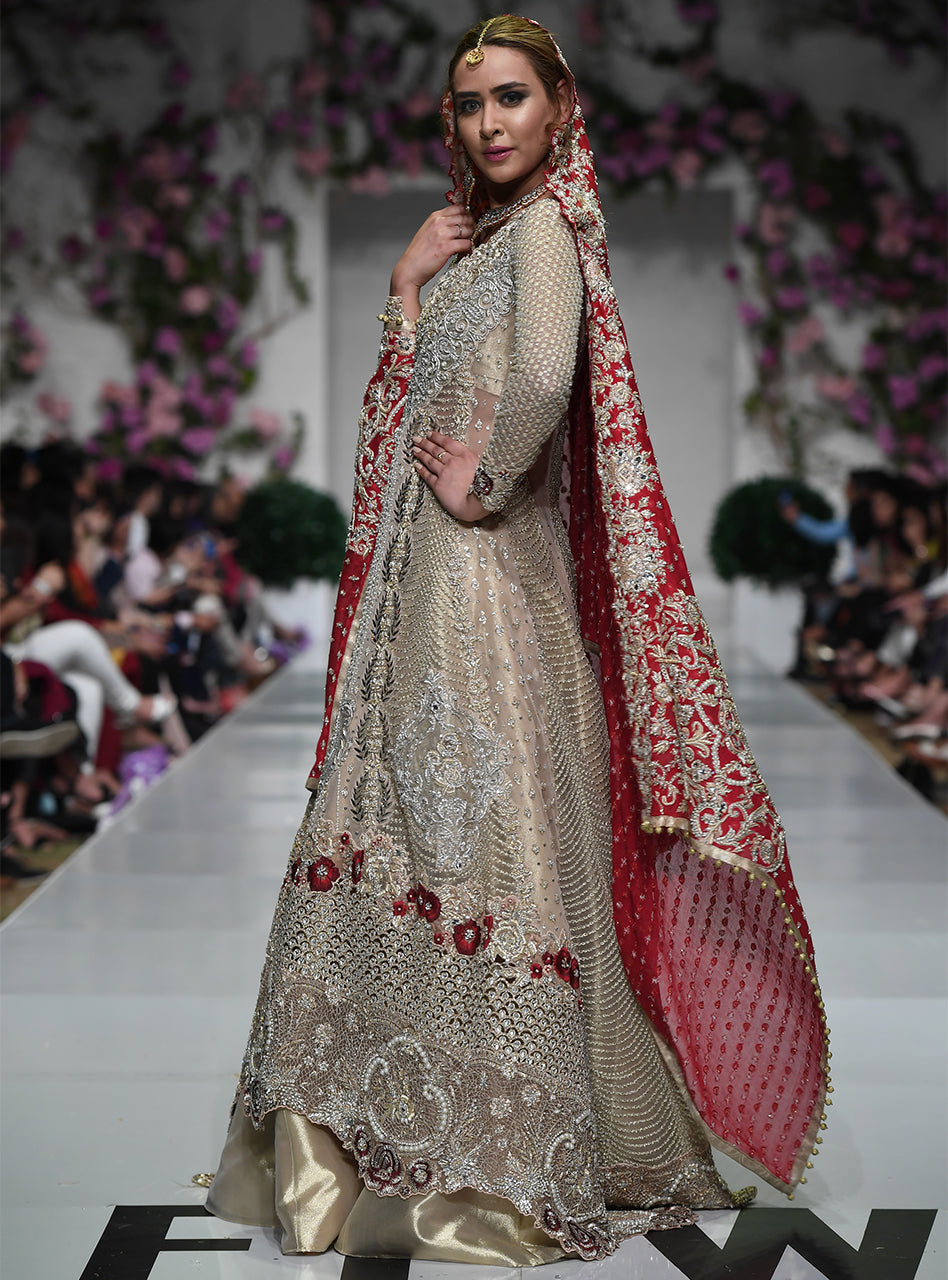 Pakistani Gold Embellished Net Bridal Gown (2-Piece) - Image 4