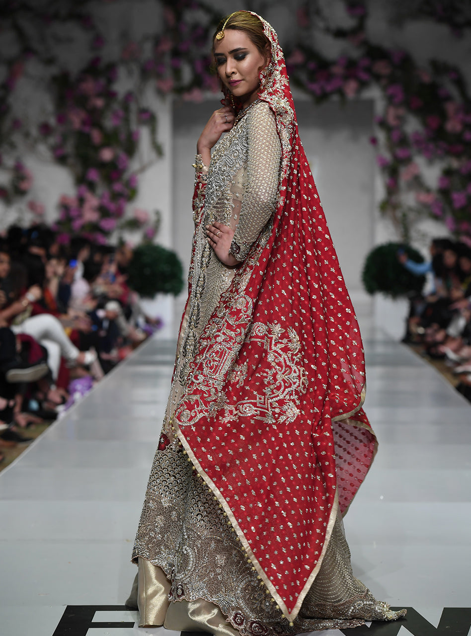 Pakistani Gold Embellished Net Bridal Gown (2-Piece) - Image 5