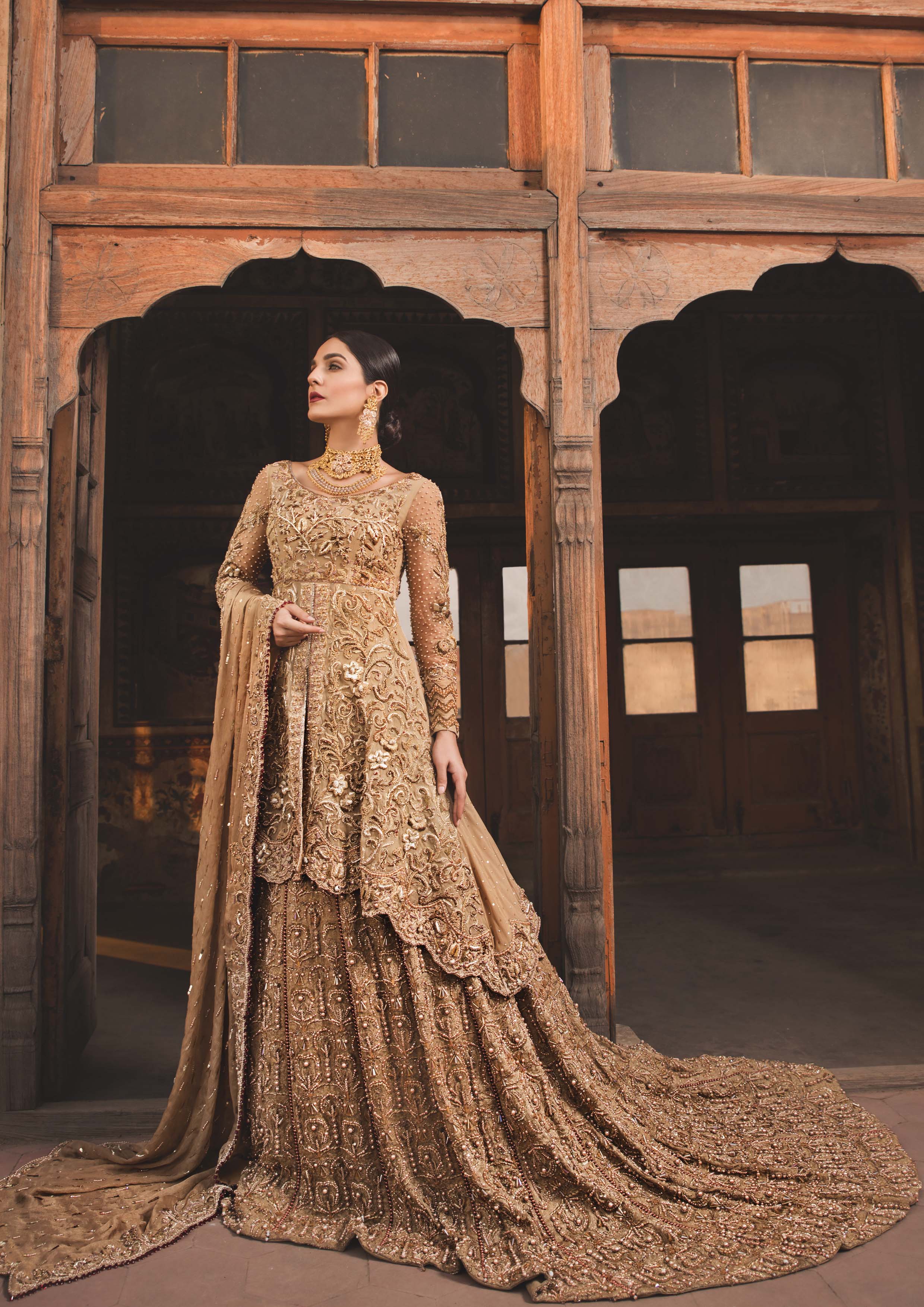 Pakistani Antique Gold Embellished Net Silk Bridal Gown (2-Piece) - Image 1