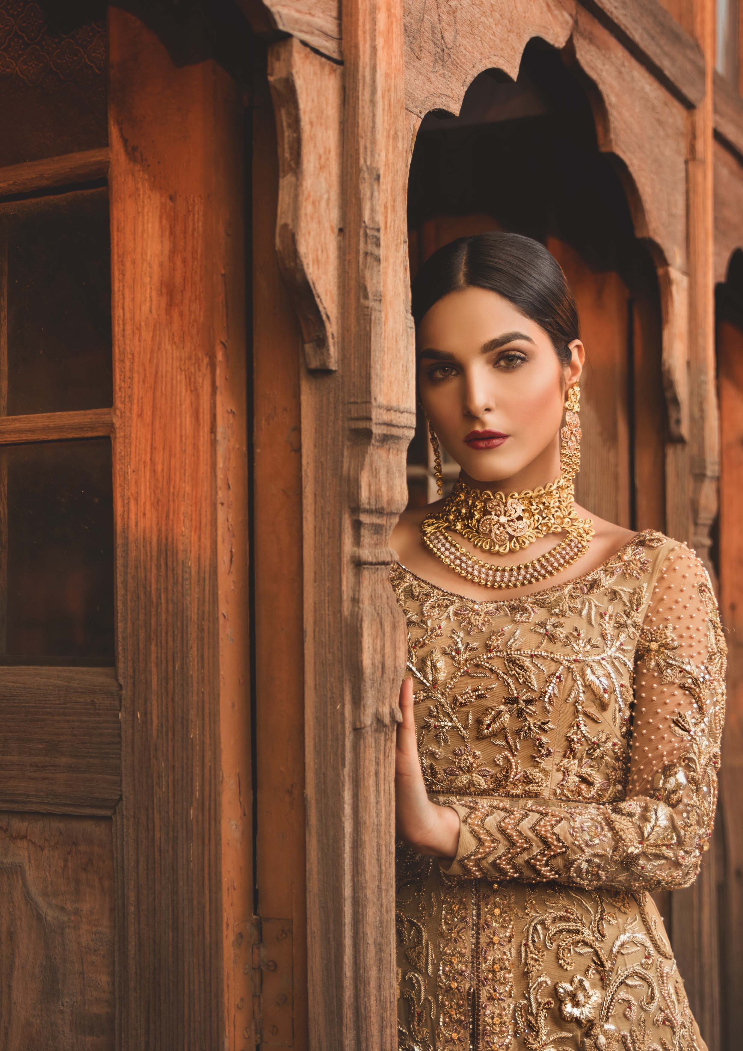 Pakistani Antique Gold Embellished Net Silk Bridal Gown (2-Piece) - Image 3