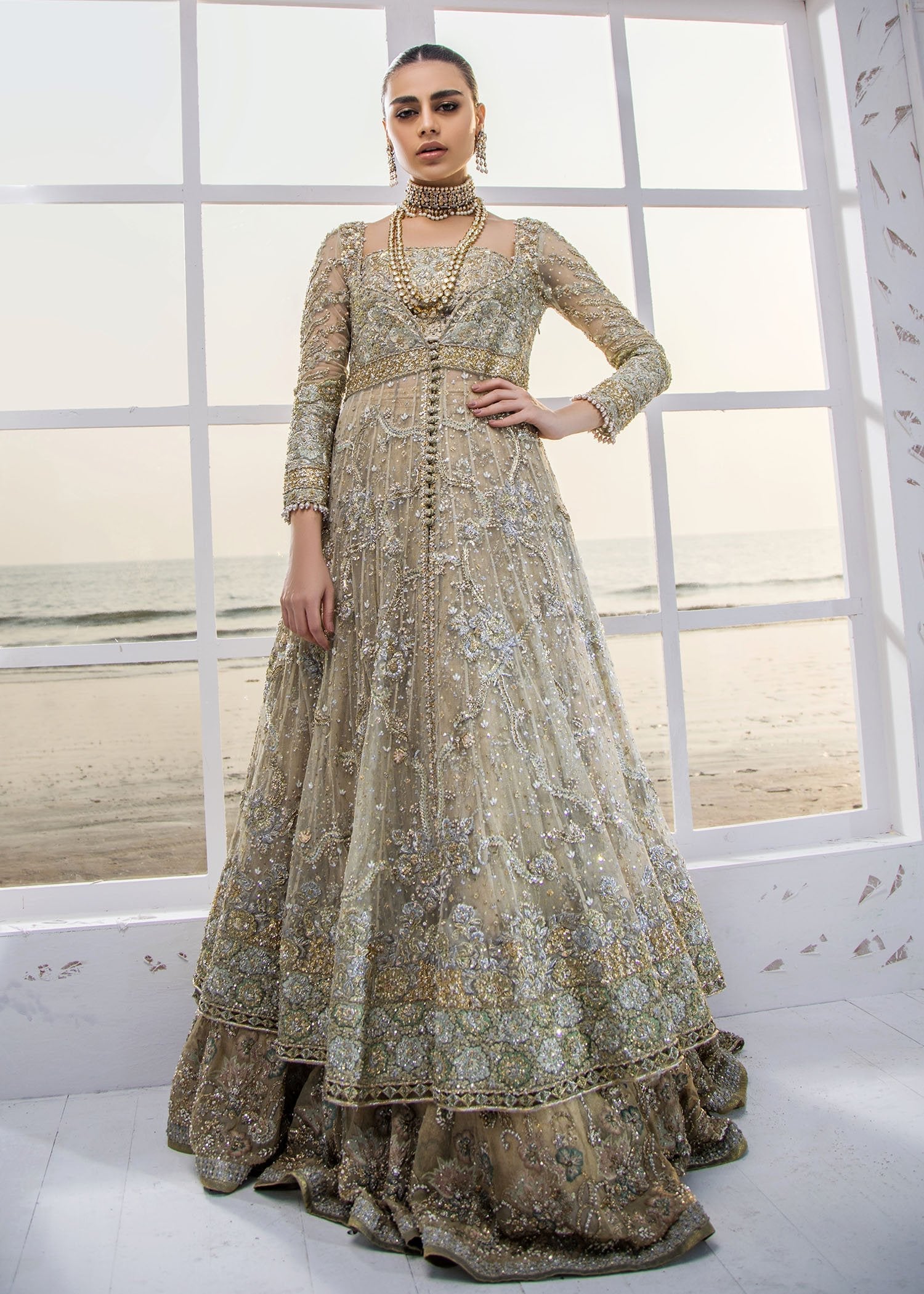 Antique Gold Embellished Net Bridal Gown (1-Pc) - Image 1