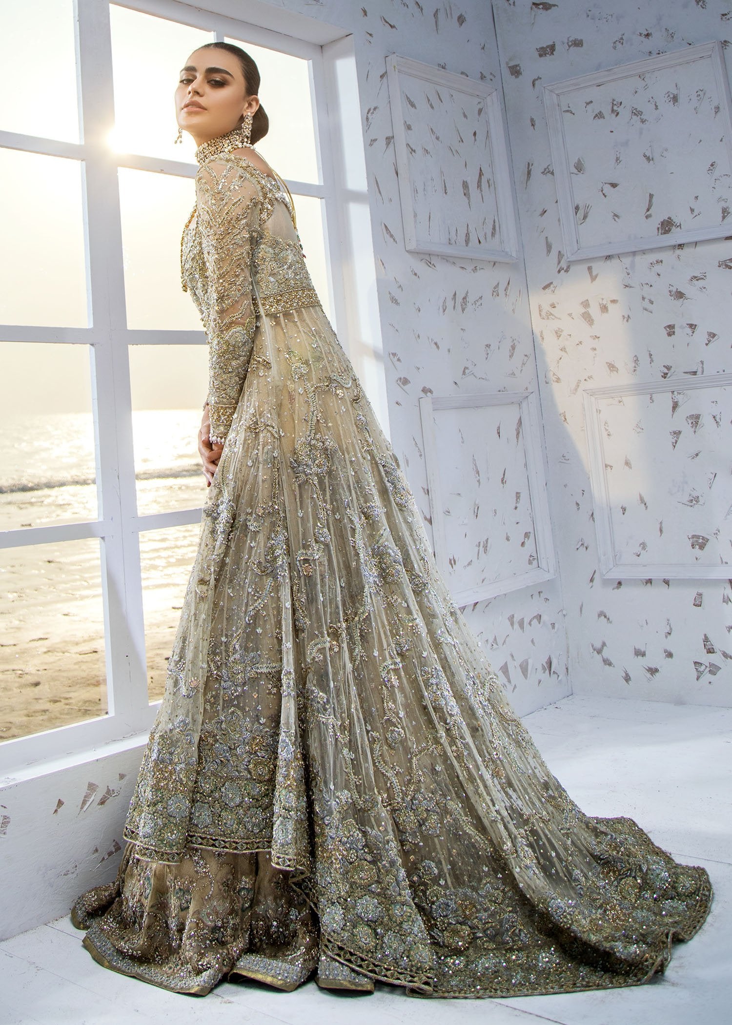 Antique Gold Embellished Net Bridal Gown (1-Pc) - Image 3