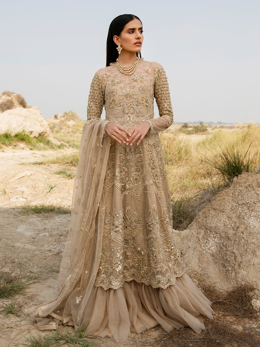 Gold Embroidered Net Formal Gown (2-Piece) - Image 2