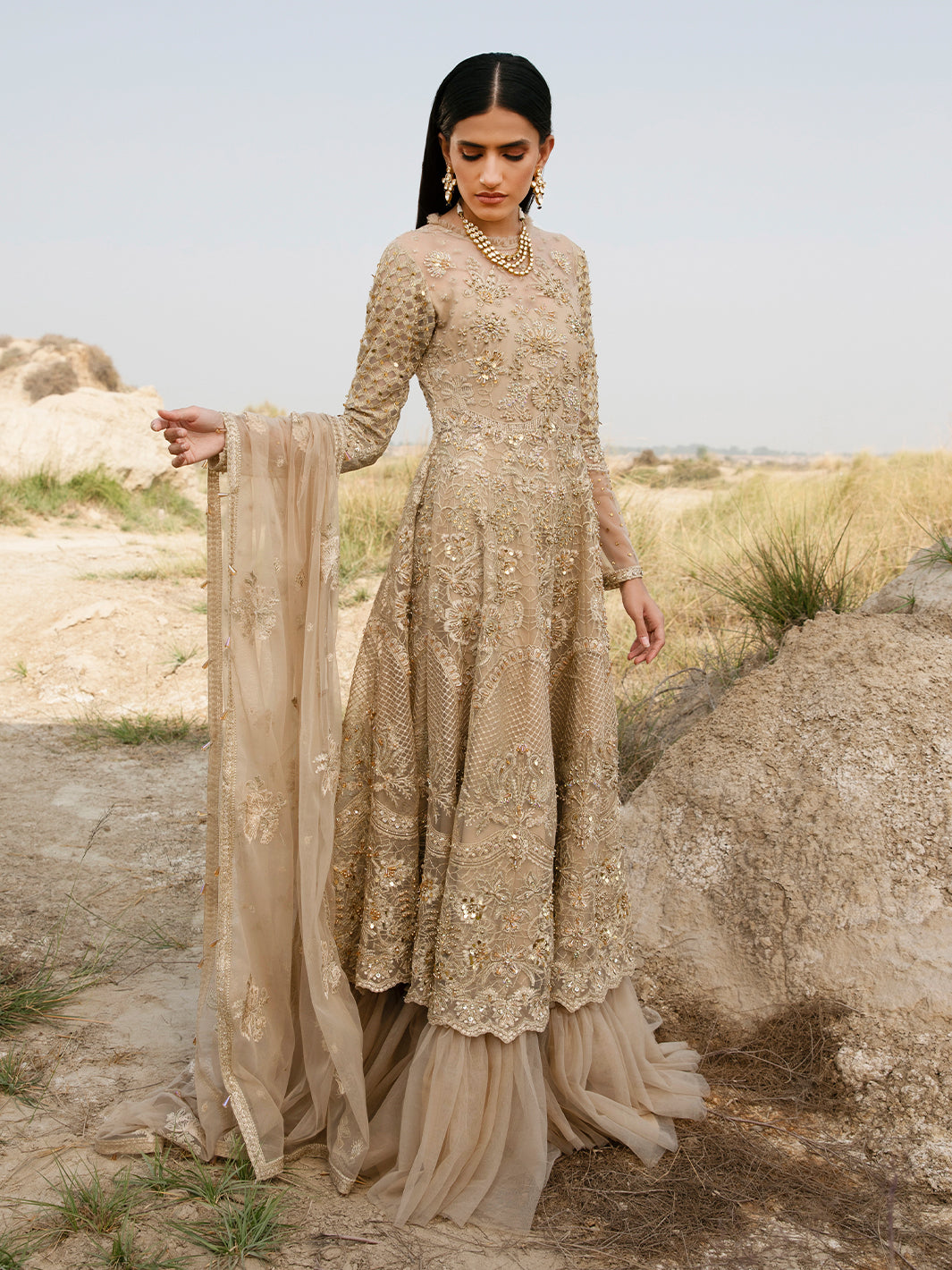 Gold Embroidered Net Formal Gown (2-Piece) - Image 3