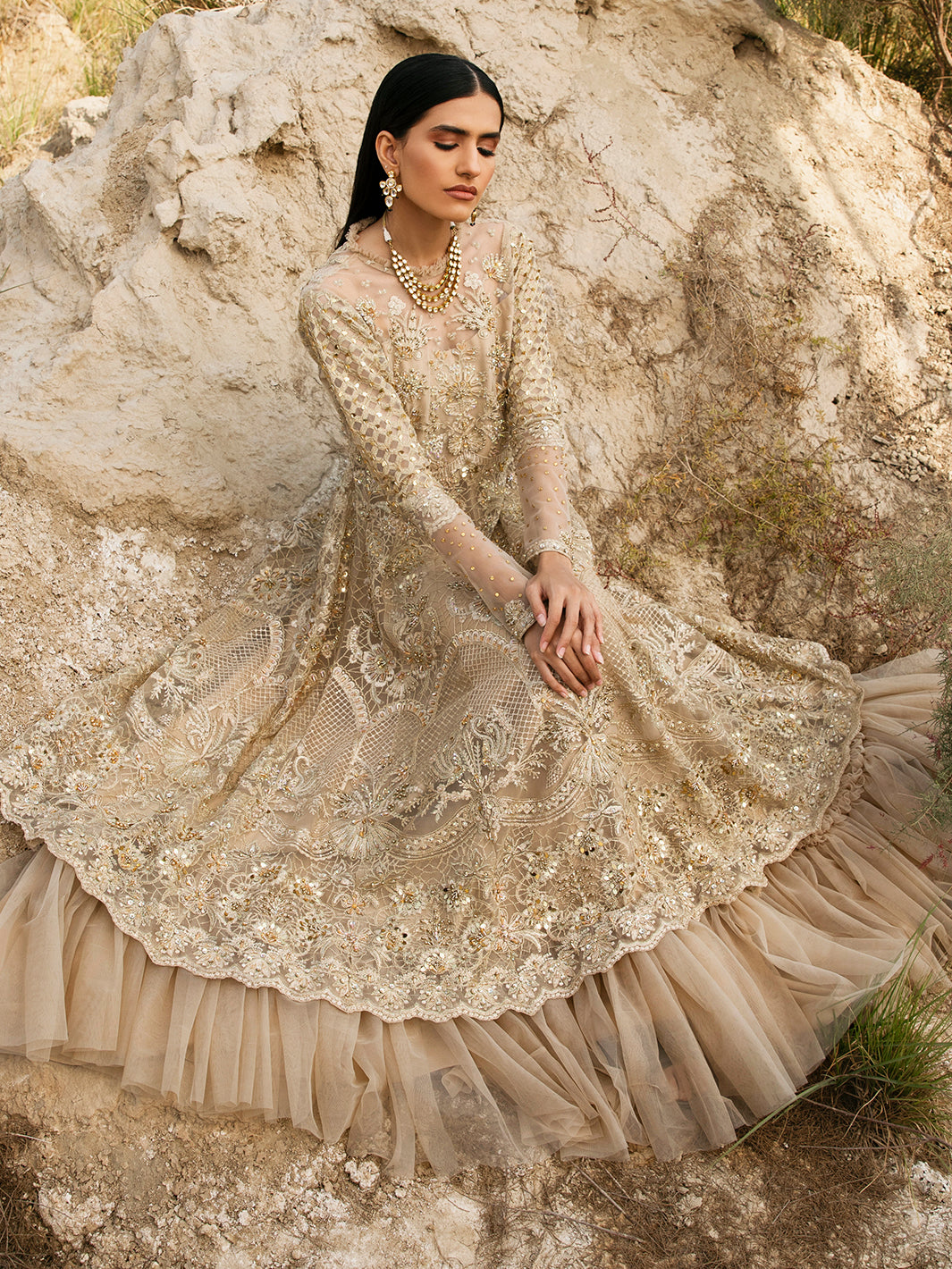 Gold Embroidered Net Formal Gown (2-Piece) - Image 5