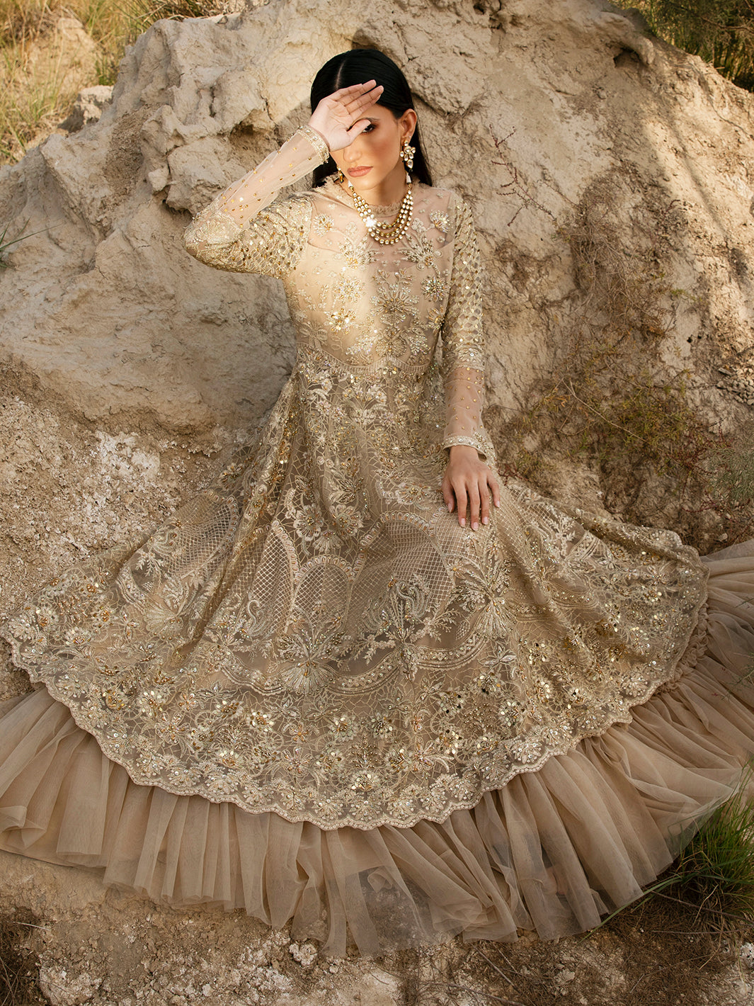 Gold Embroidered Net Formal Gown (2-Piece) - Image 6