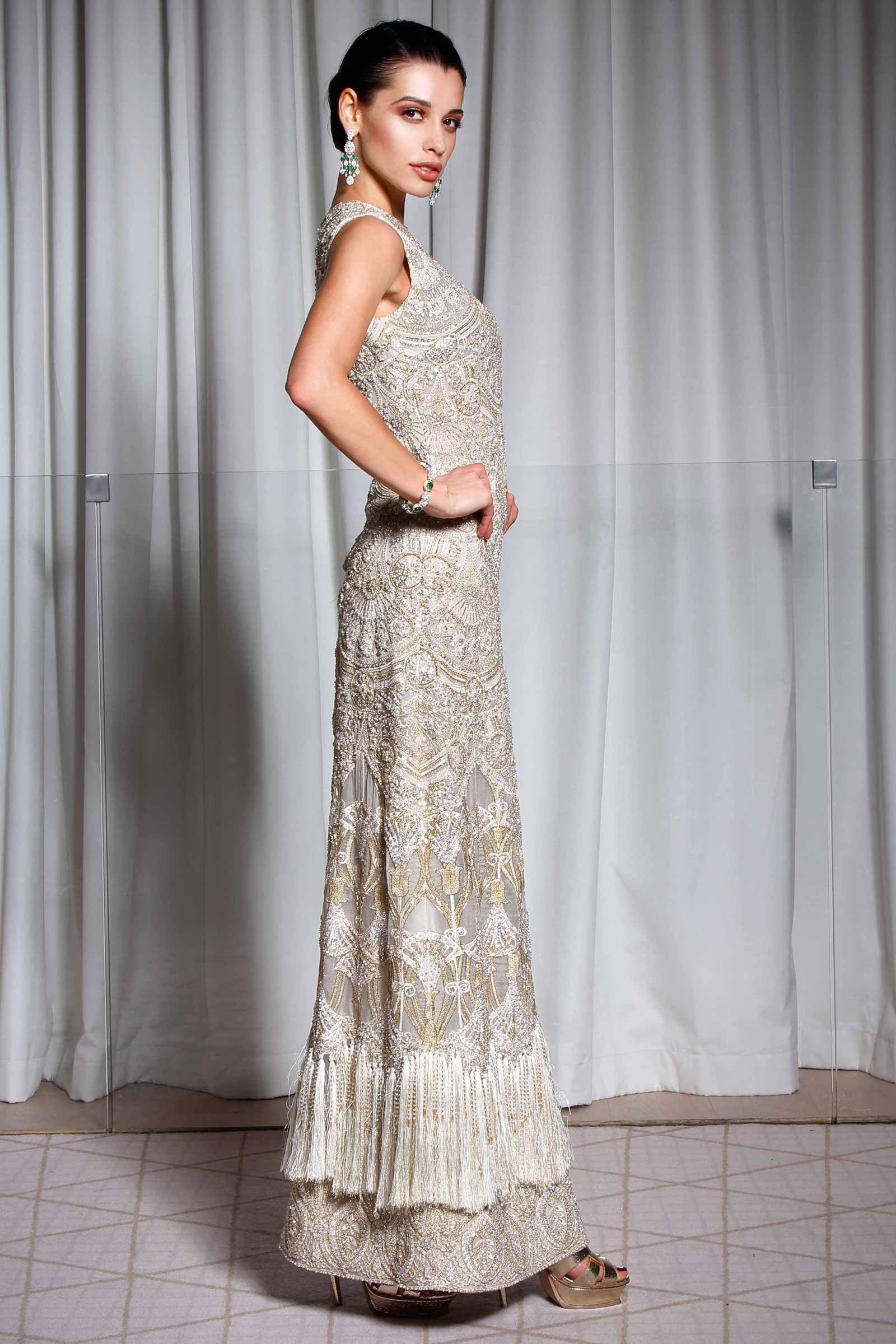 Champagne Embroidered Net Gown (1-Pc) - Image 1
