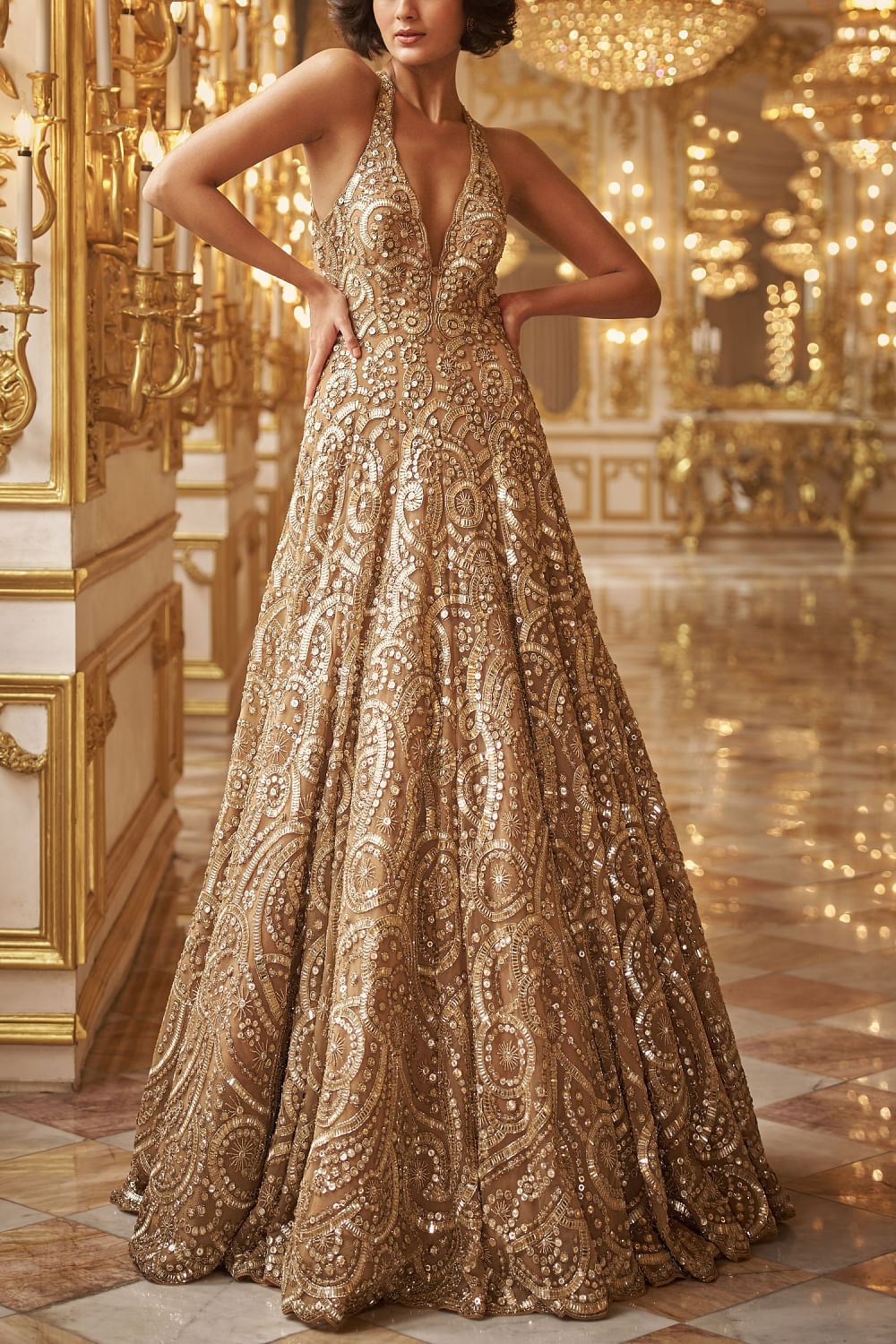 Gold Metallic Sequin Net Gown (1-Pc) - Image 1