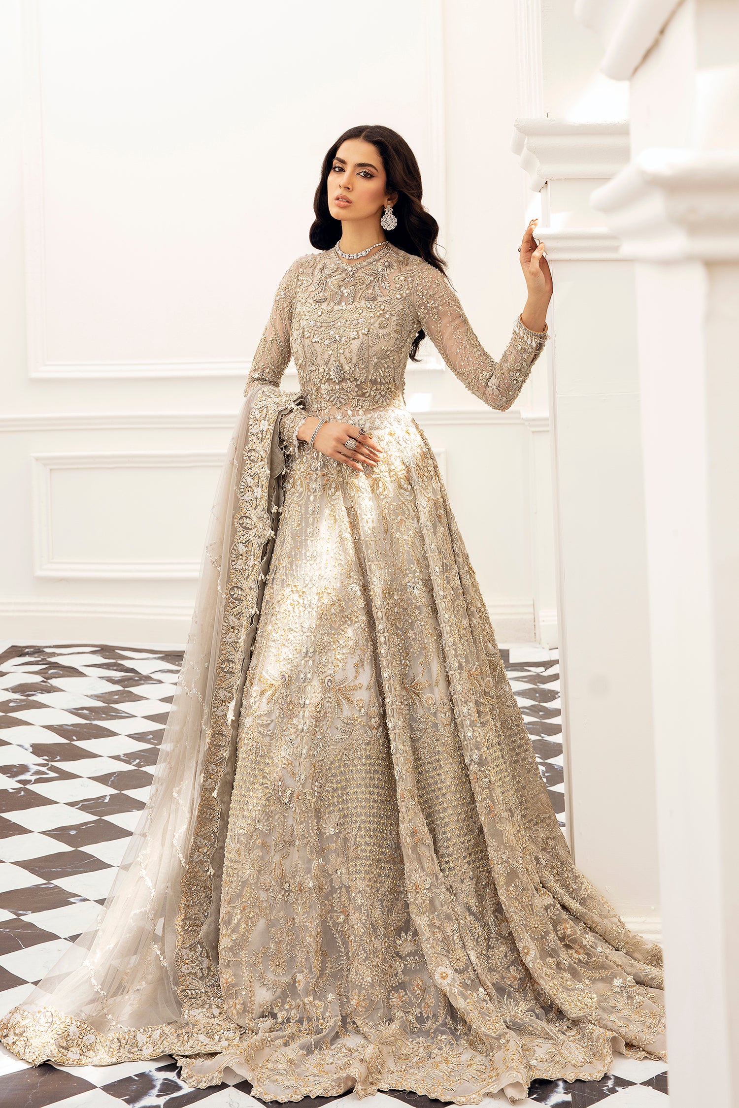 Champagne Gold Embellished Net Gown Lehnga (3-Piece) - Image 1