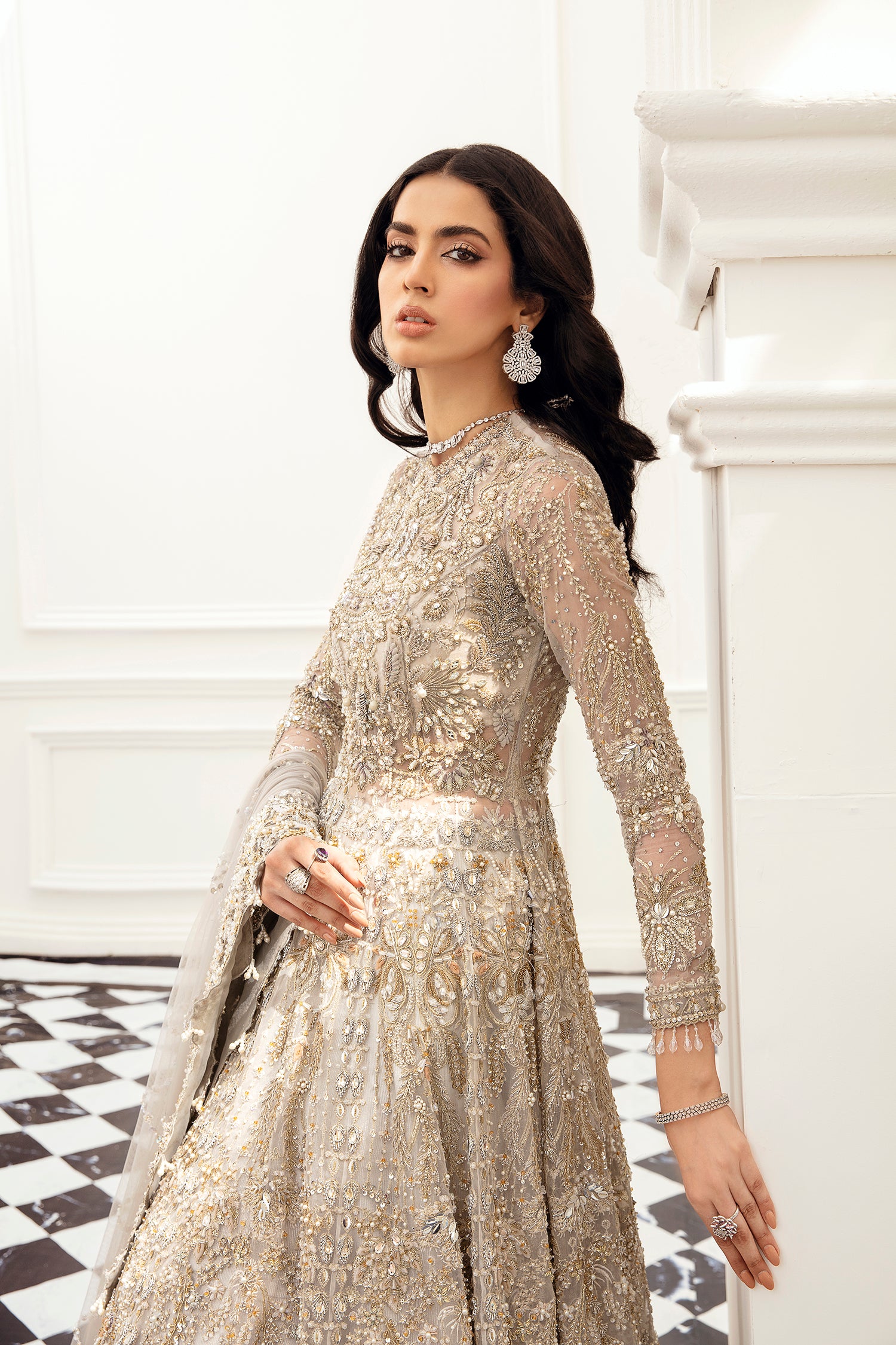 Champagne Gold Embellished Net Gown Lehnga (3-Piece) - Image 2