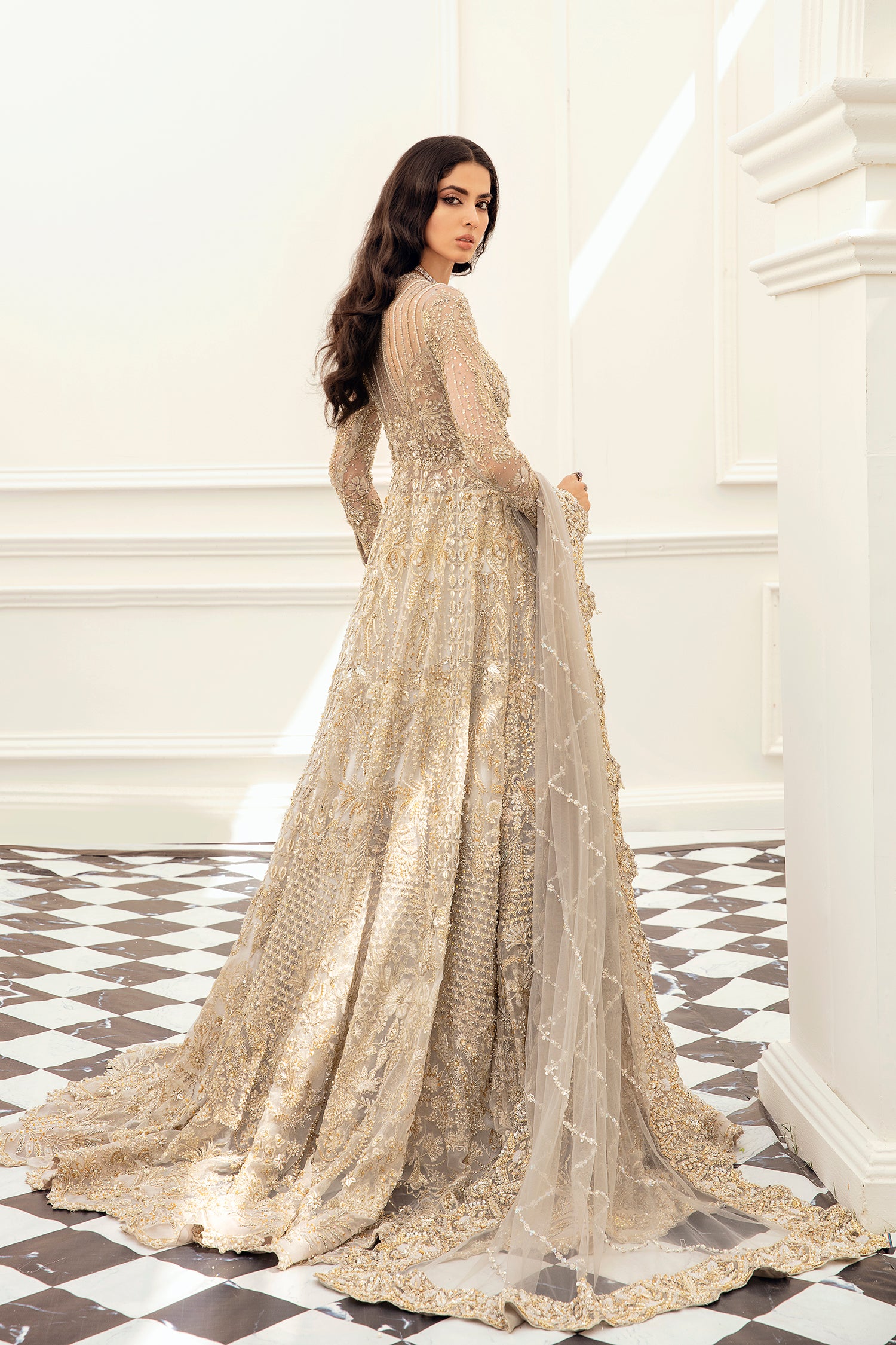 Champagne Gold Embellished Net Gown Lehnga (3-Piece) - Image 3