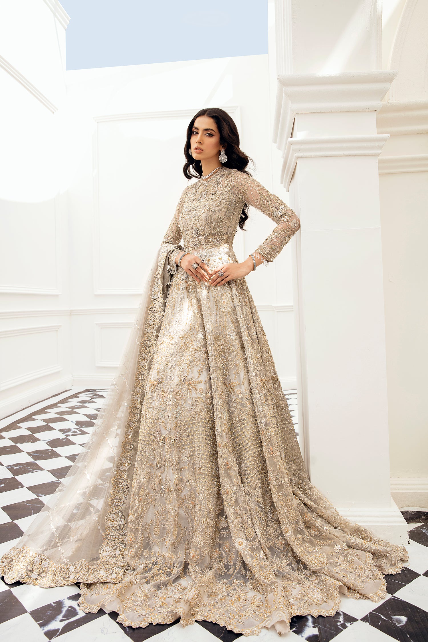 Champagne Gold Embellished Net Gown Lehnga (3-Piece) - Image 4