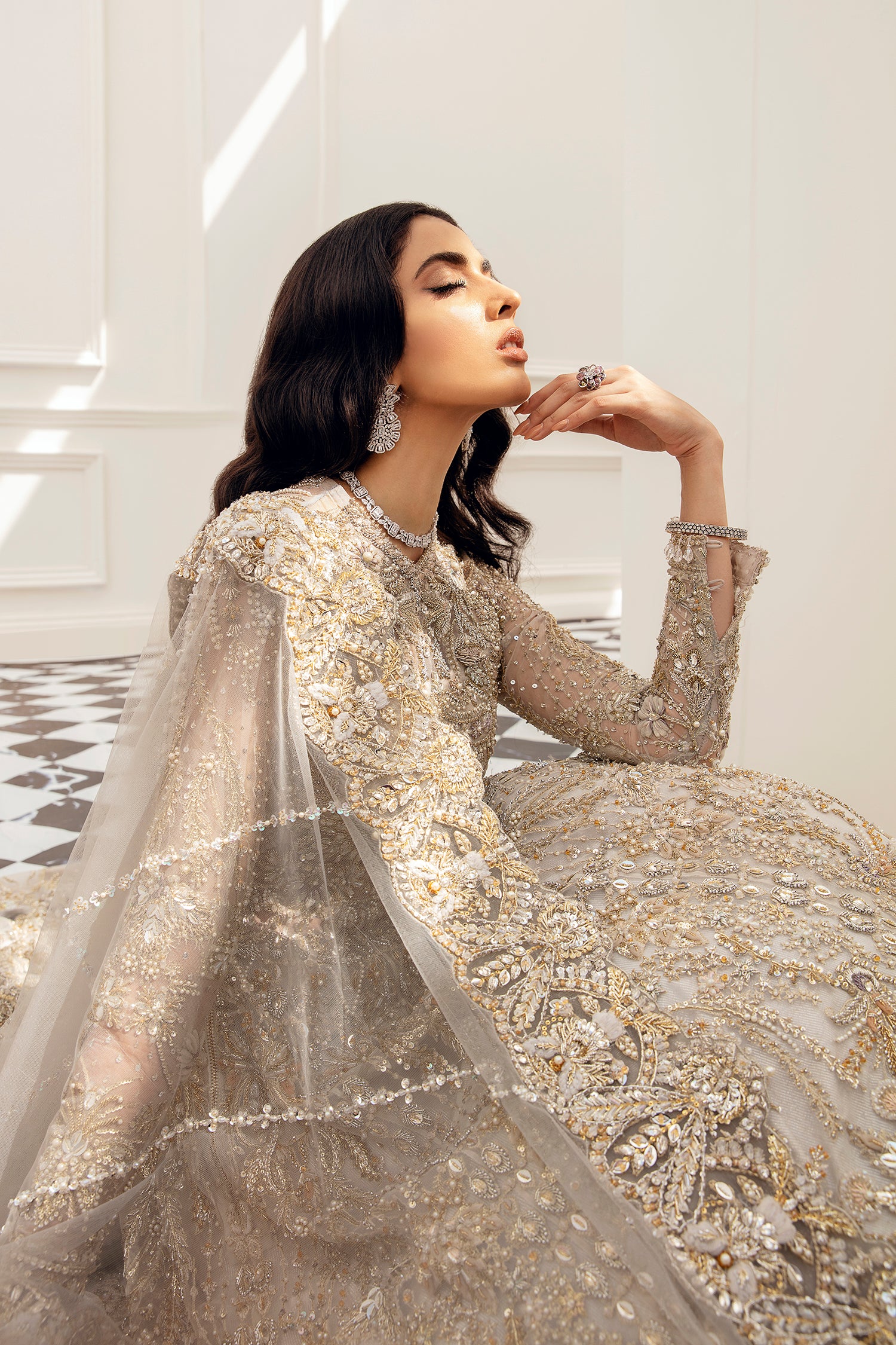 Champagne Gold Embellished Net Gown Lehnga (3-Piece) - Image 5