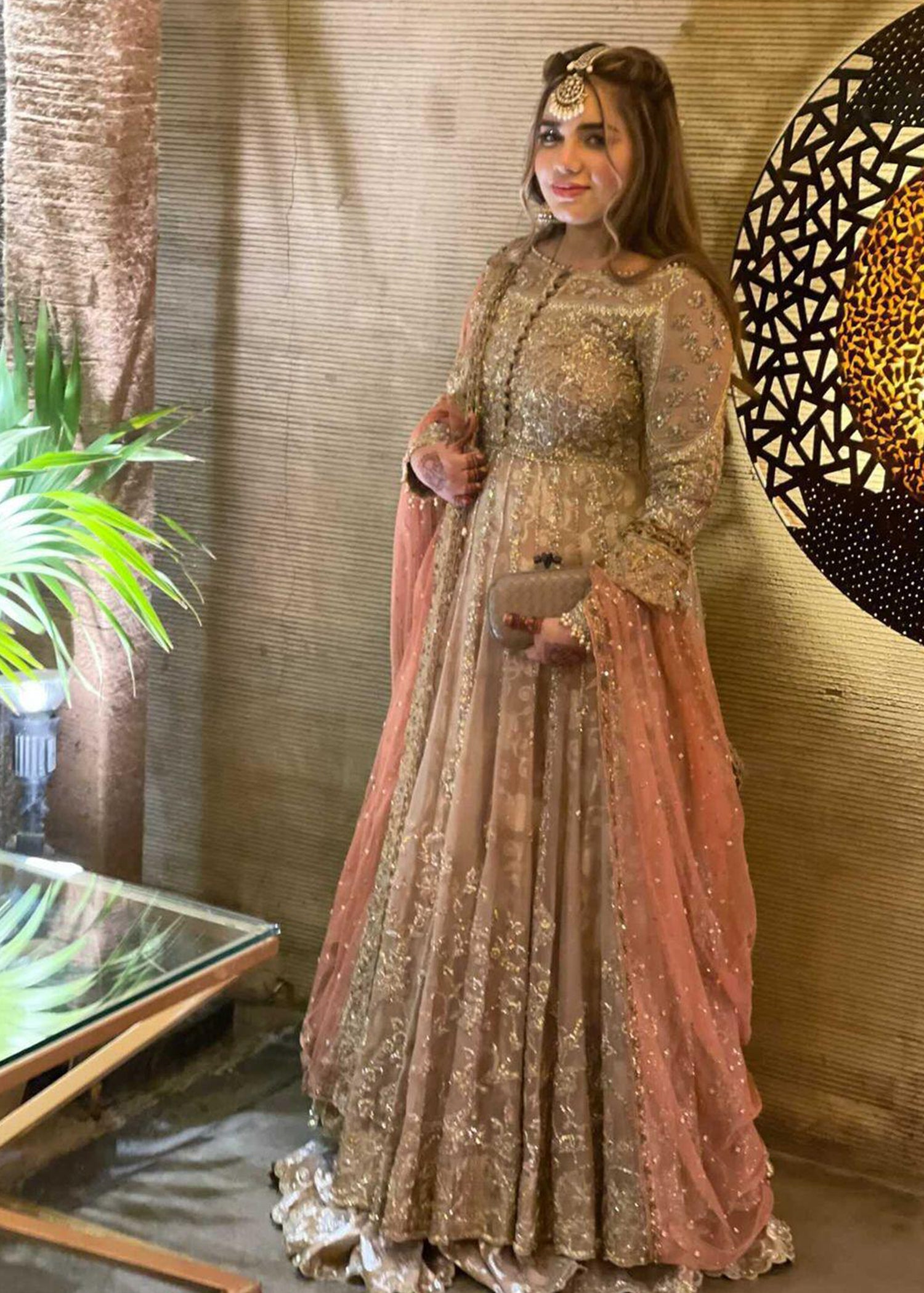 Pakistani Champagne Gold Embroidered Net Bridal Gown (2-Piece) - Image 1