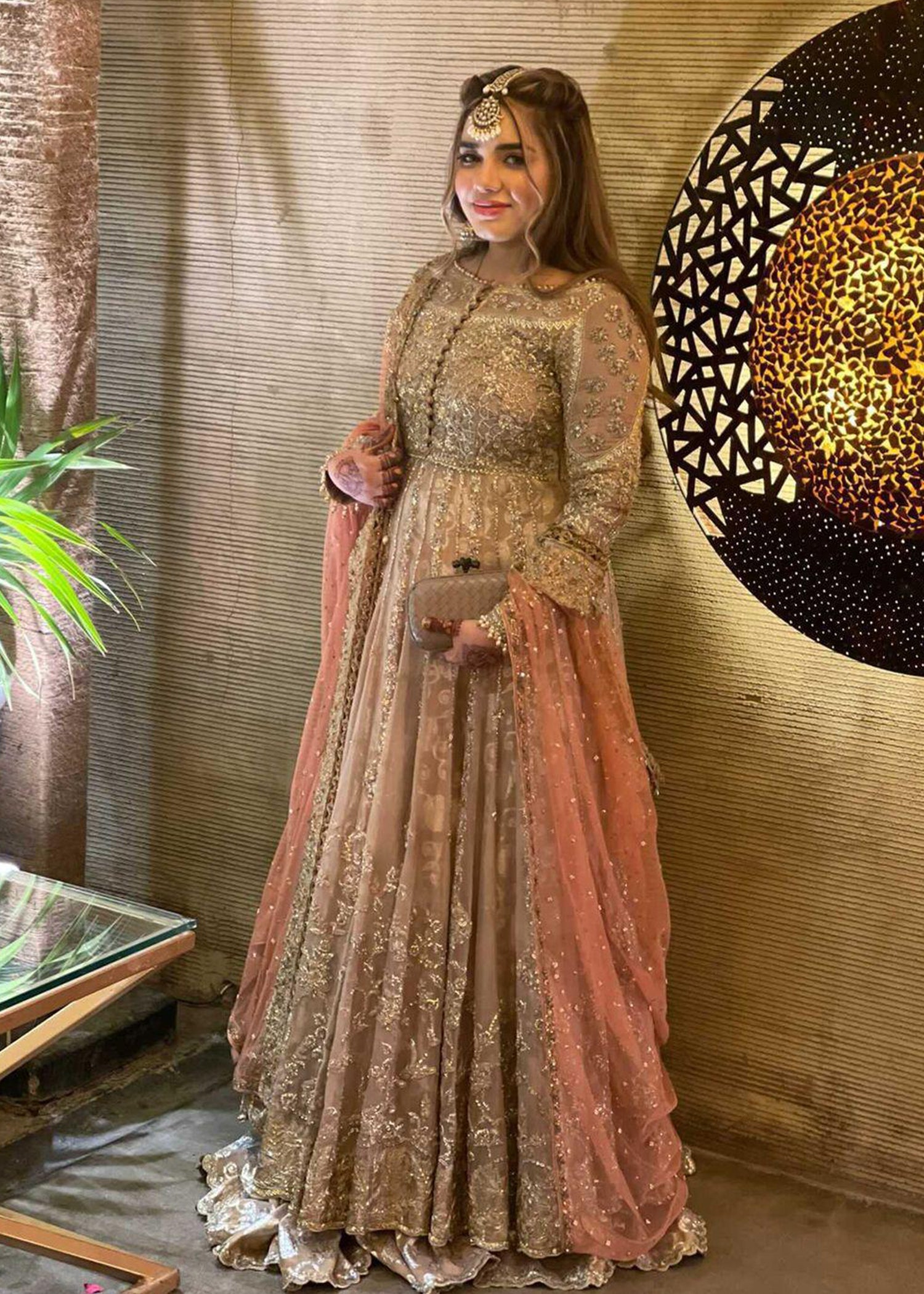 Pakistani Champagne Gold Embroidered Net Bridal Gown (2-Piece) - Image 2