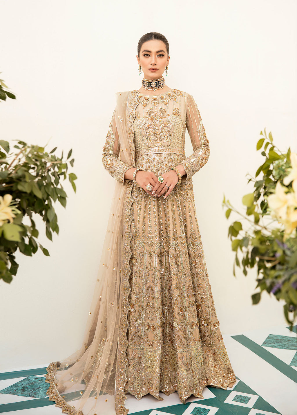 Pakistani Champagne Hand-Embellished Net Panelled Gown (2-Piece) - Image 1