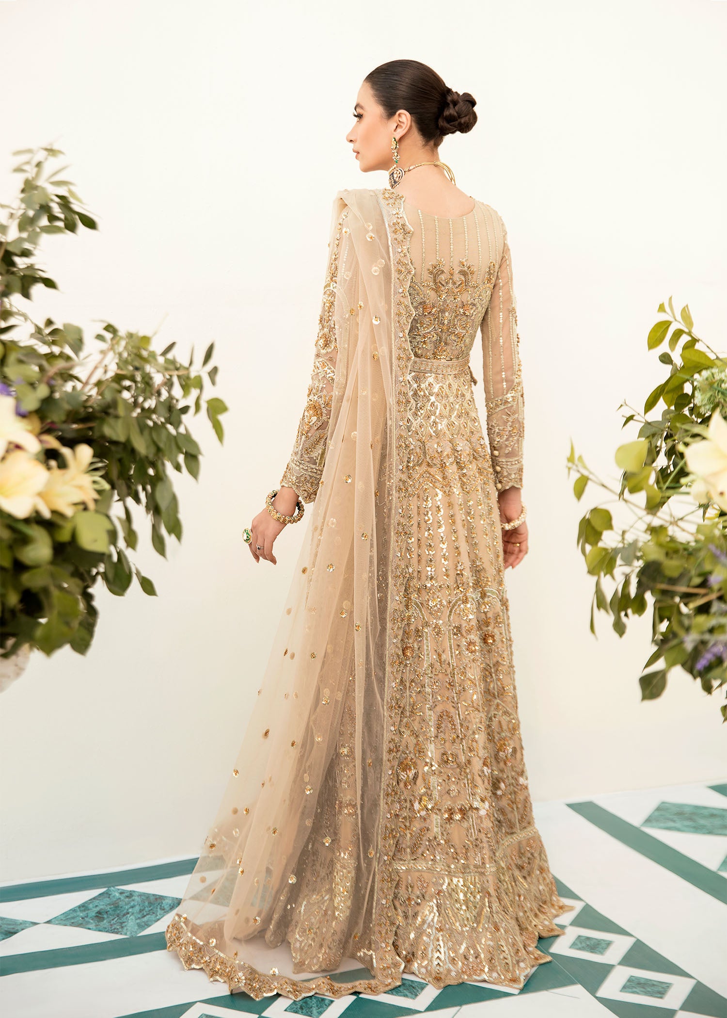 Pakistani Champagne Hand-Embellished Net Panelled Gown (2-Piece) - Image 3