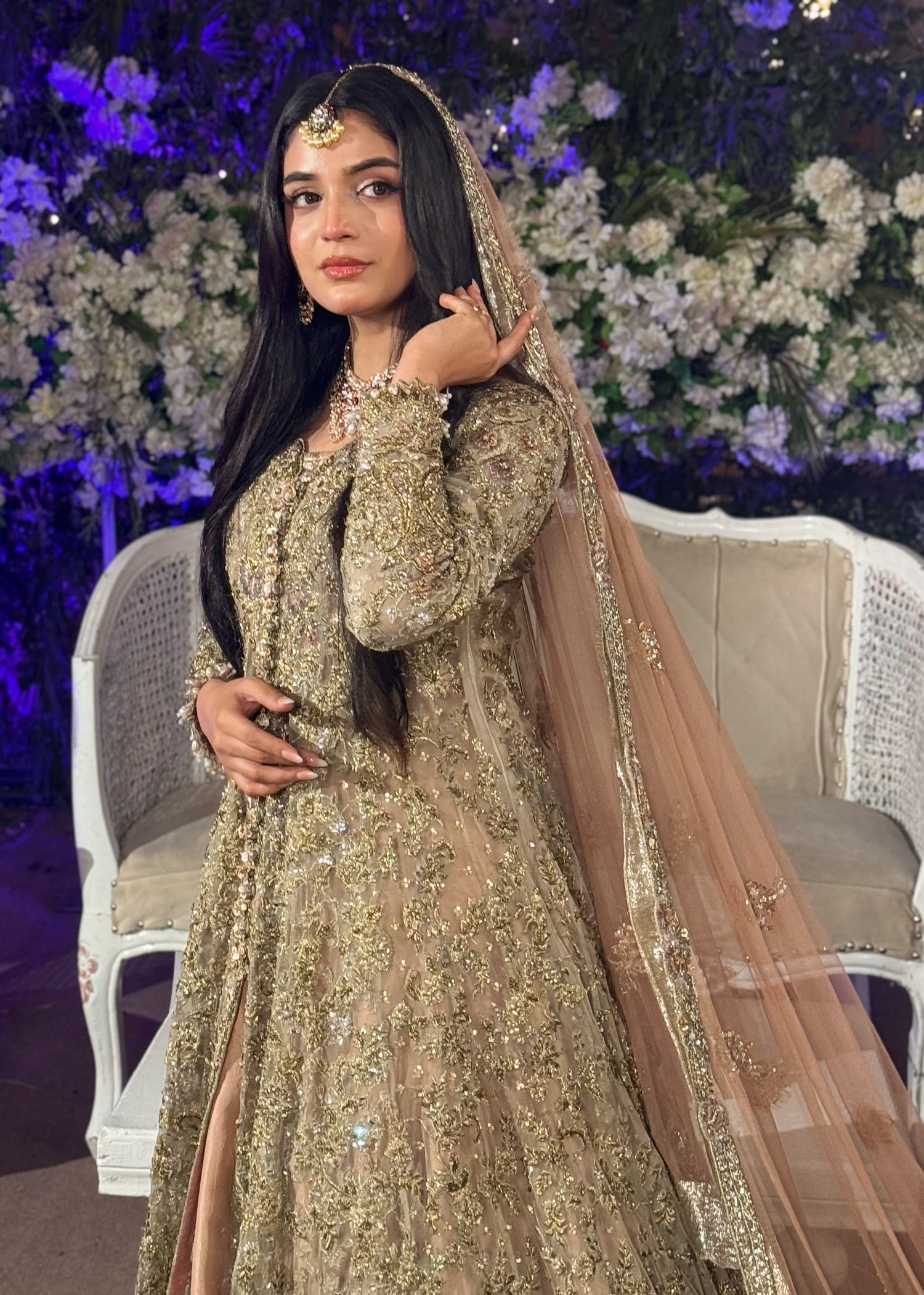 Champagne Gold Embellished Net Bridal Gown (2-Piece) - Image 3