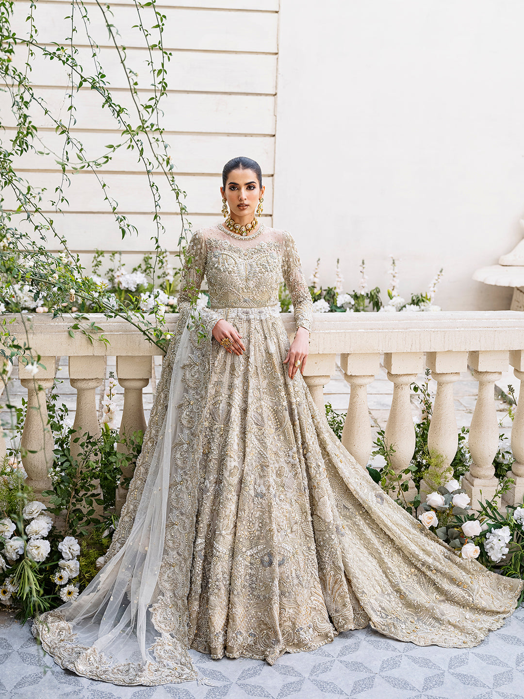 Pakistani Champagne Silver Embellished Net Bridal Gown (2-Piece) - Image 3