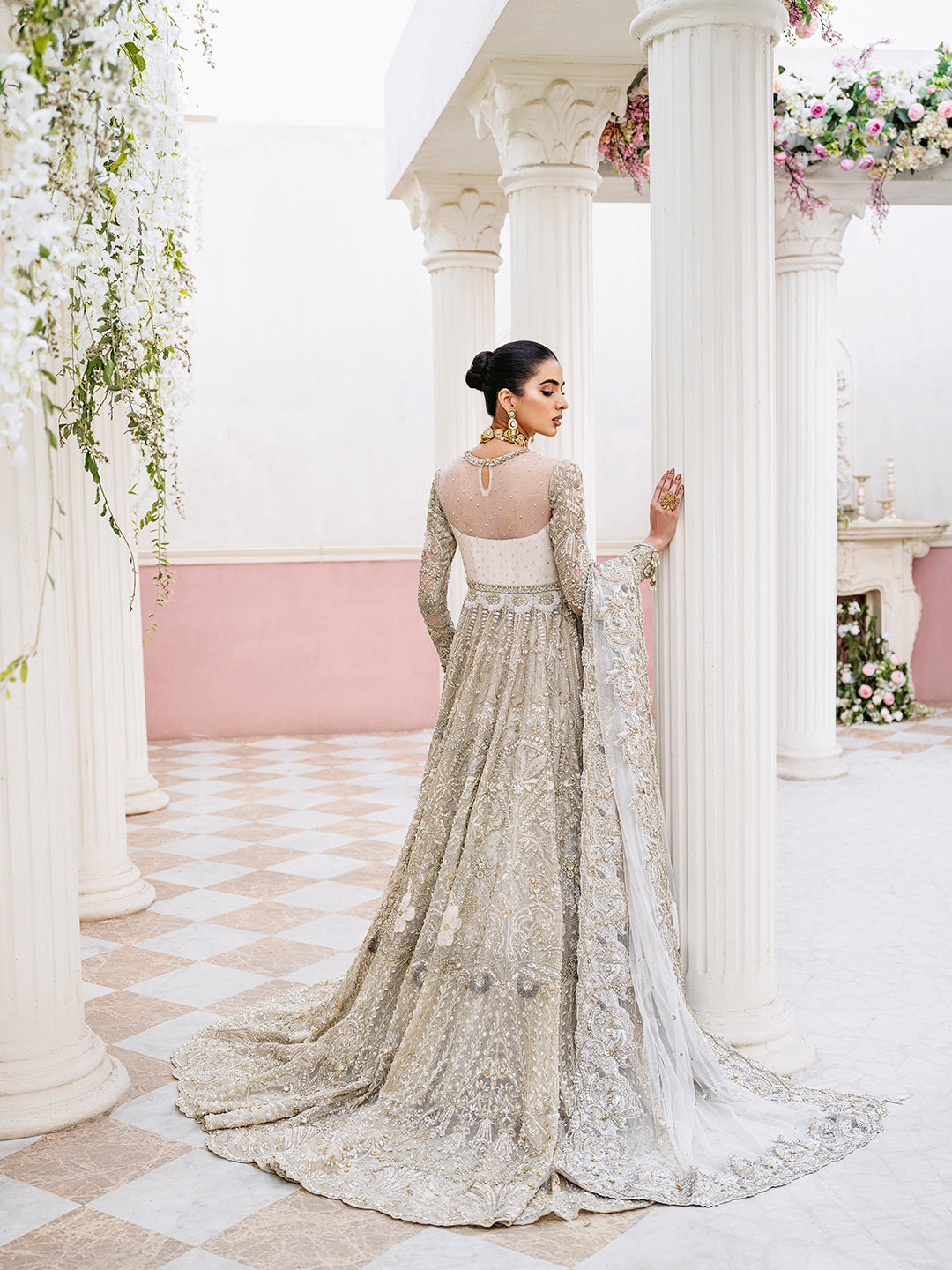 Pakistani Champagne Silver Embellished Net Bridal Gown (2-Piece) - Image 4