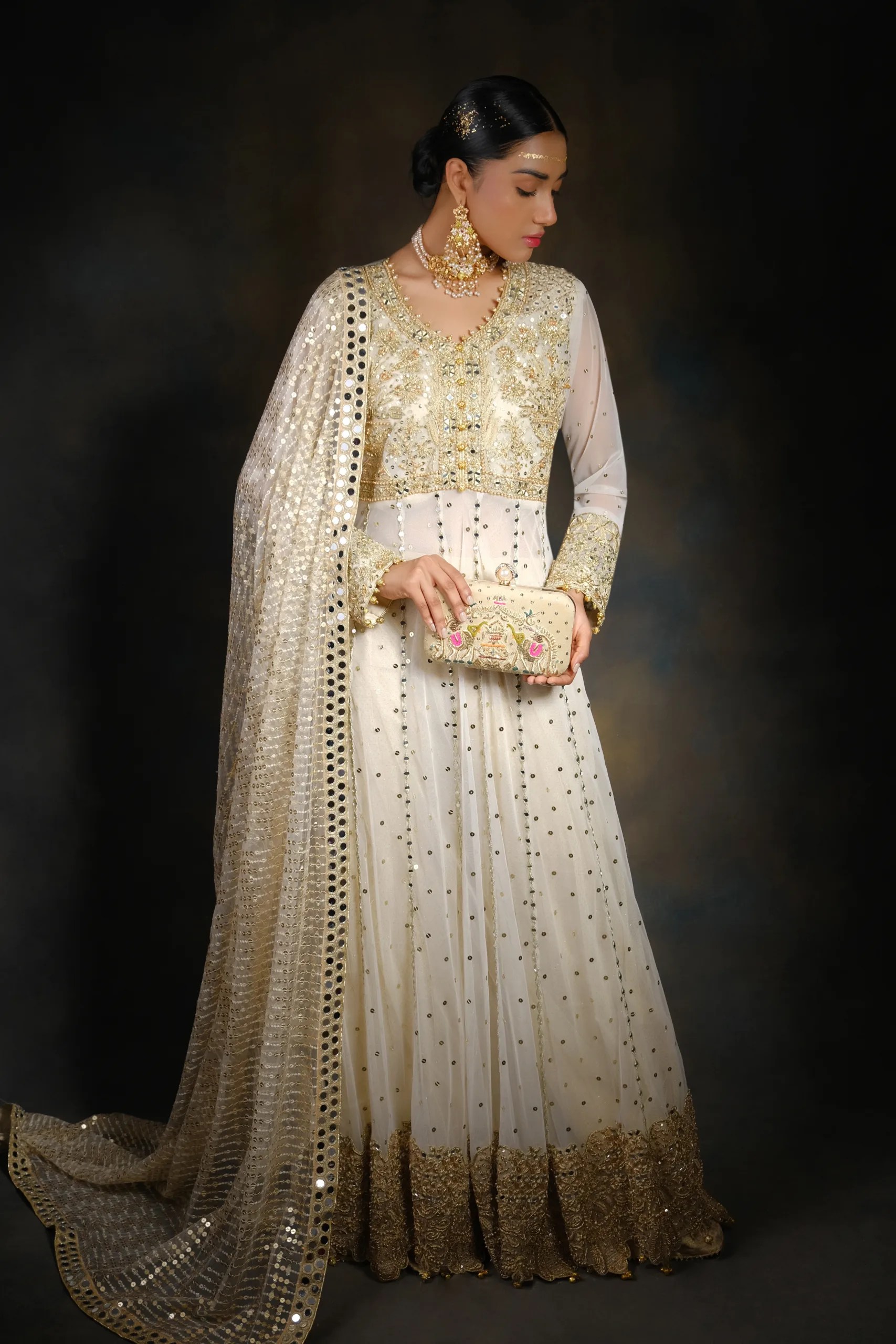 Gold Mirror Work Net Wedding Gown (2-Piece) - Image 2