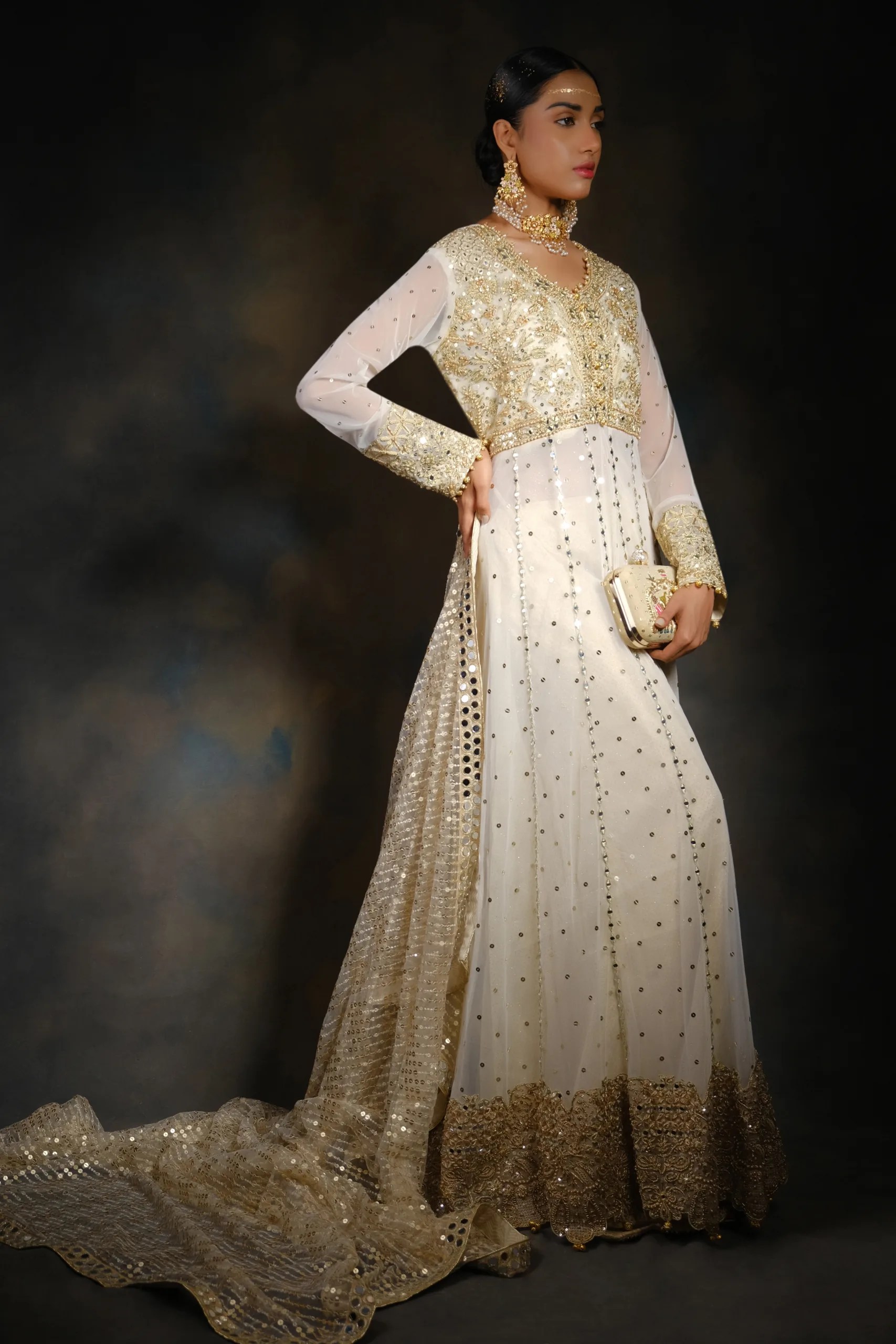 Gold Mirror Work Net Wedding Gown (2-Piece) - Image 3