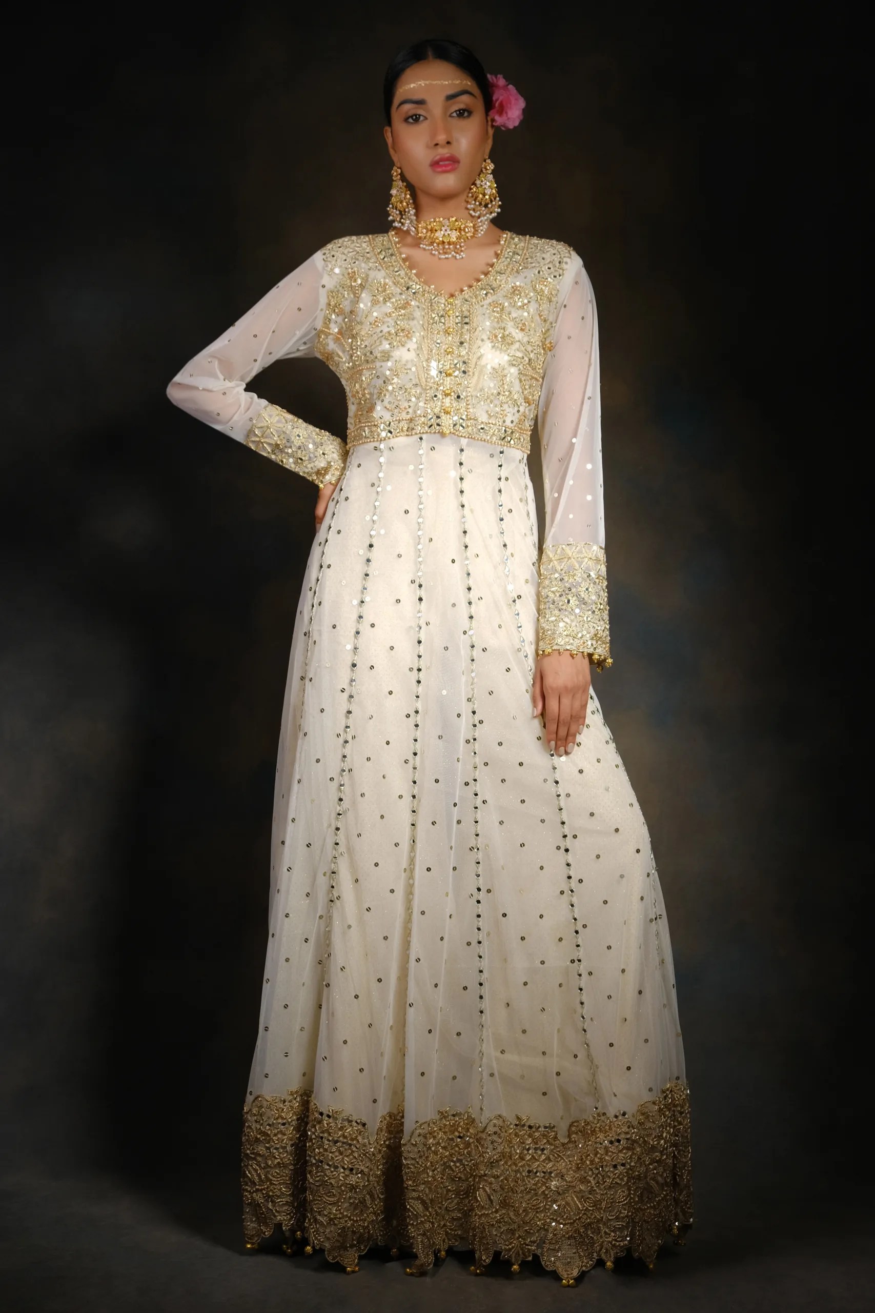 Gold Mirror Work Net Wedding Gown (2-Piece) - Image 4