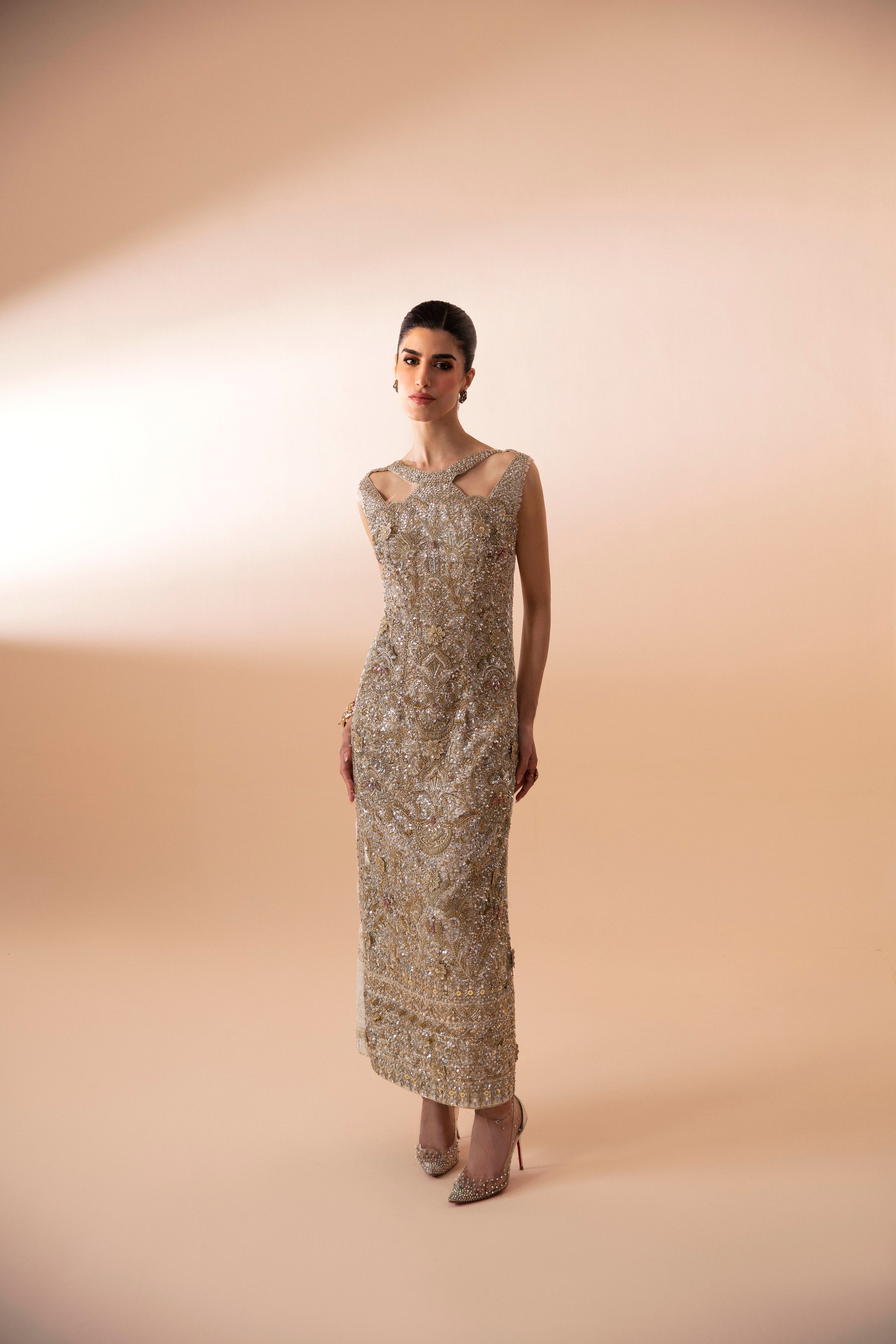 Pakistani Gold Hand-Embellished Net Gown (2-Piece) - Image 1