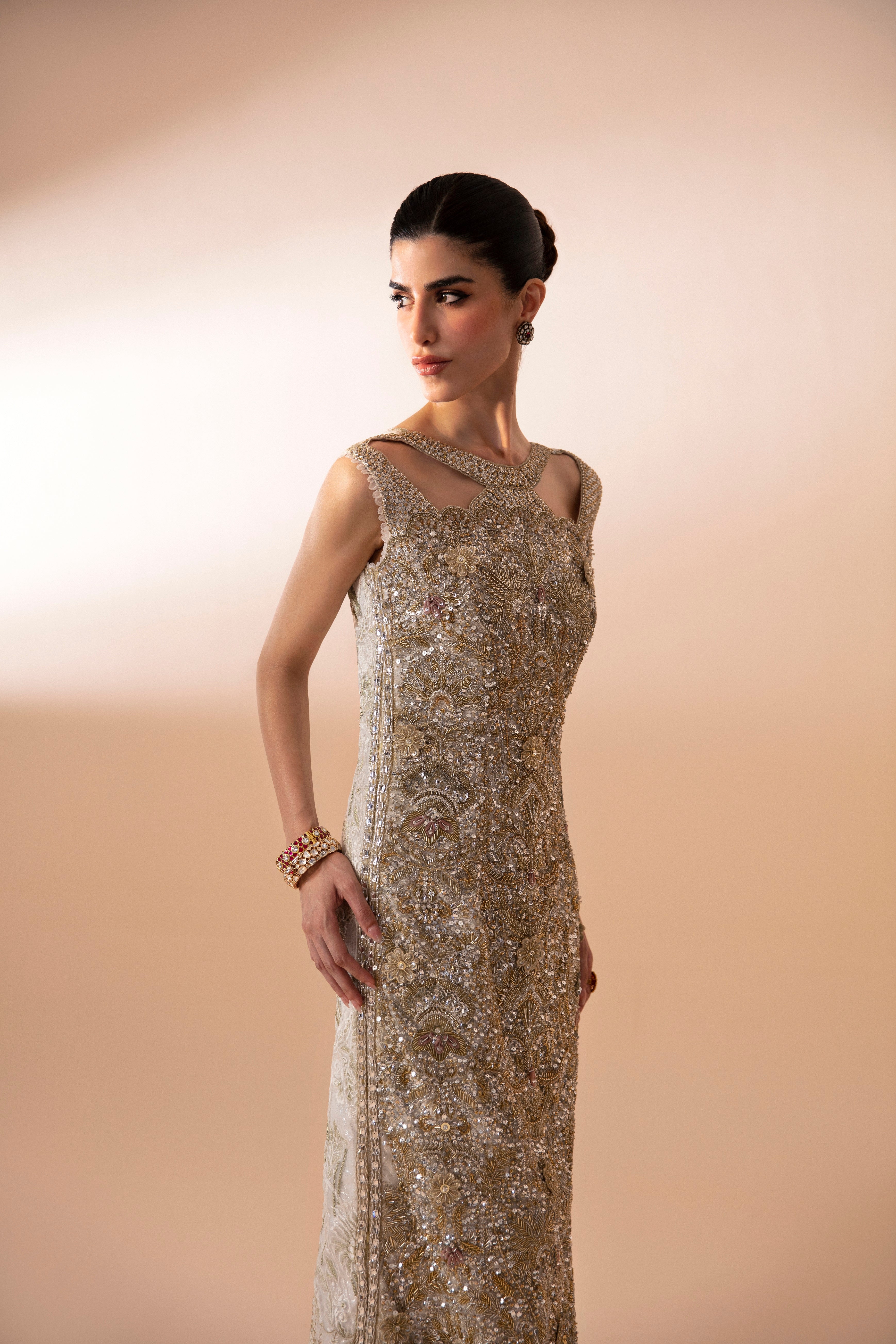 Pakistani Gold Hand-Embellished Net Gown (2-Piece) - Image 2