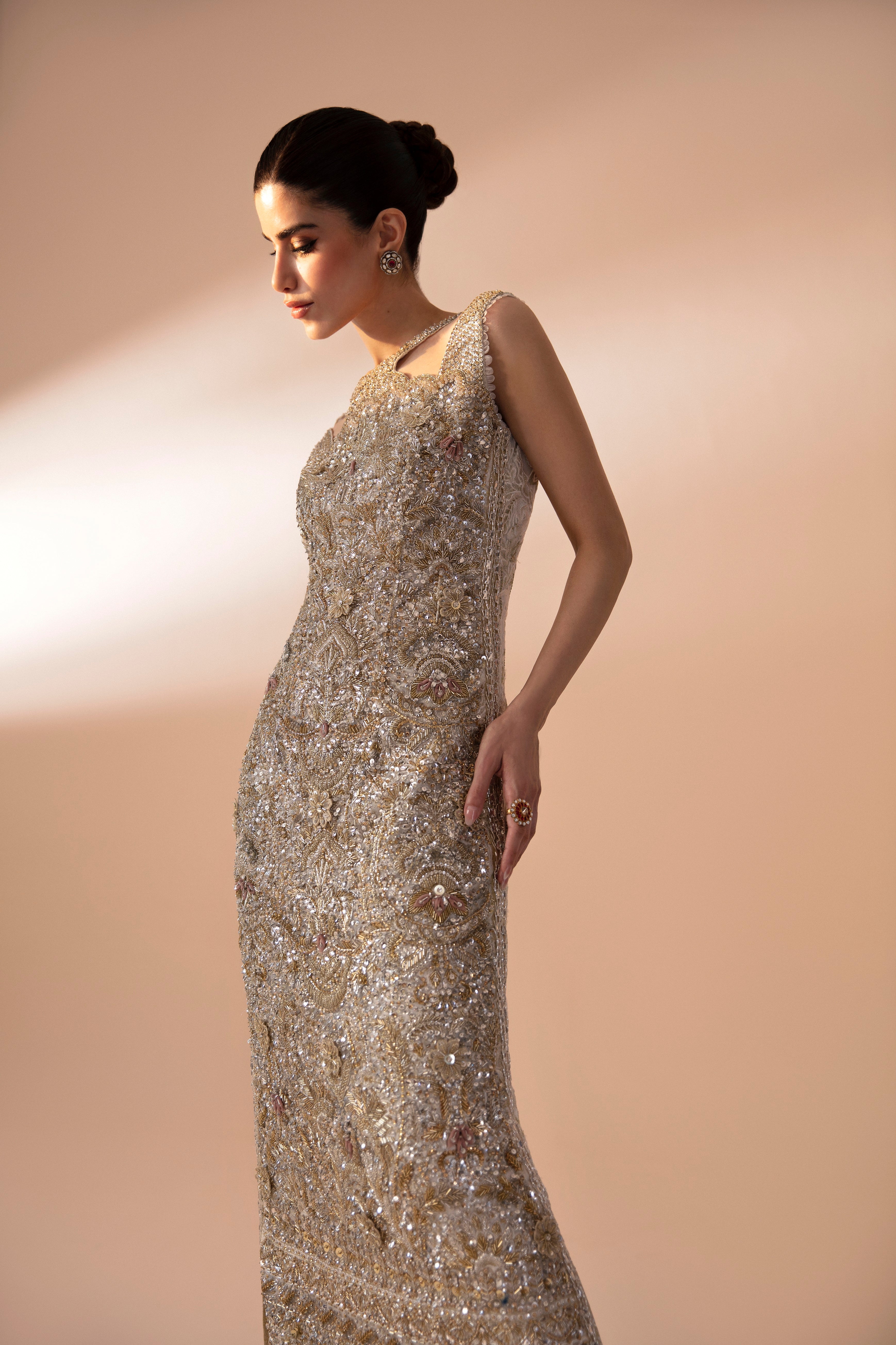 Pakistani Gold Hand-Embellished Net Gown (2-Piece) - Image 3