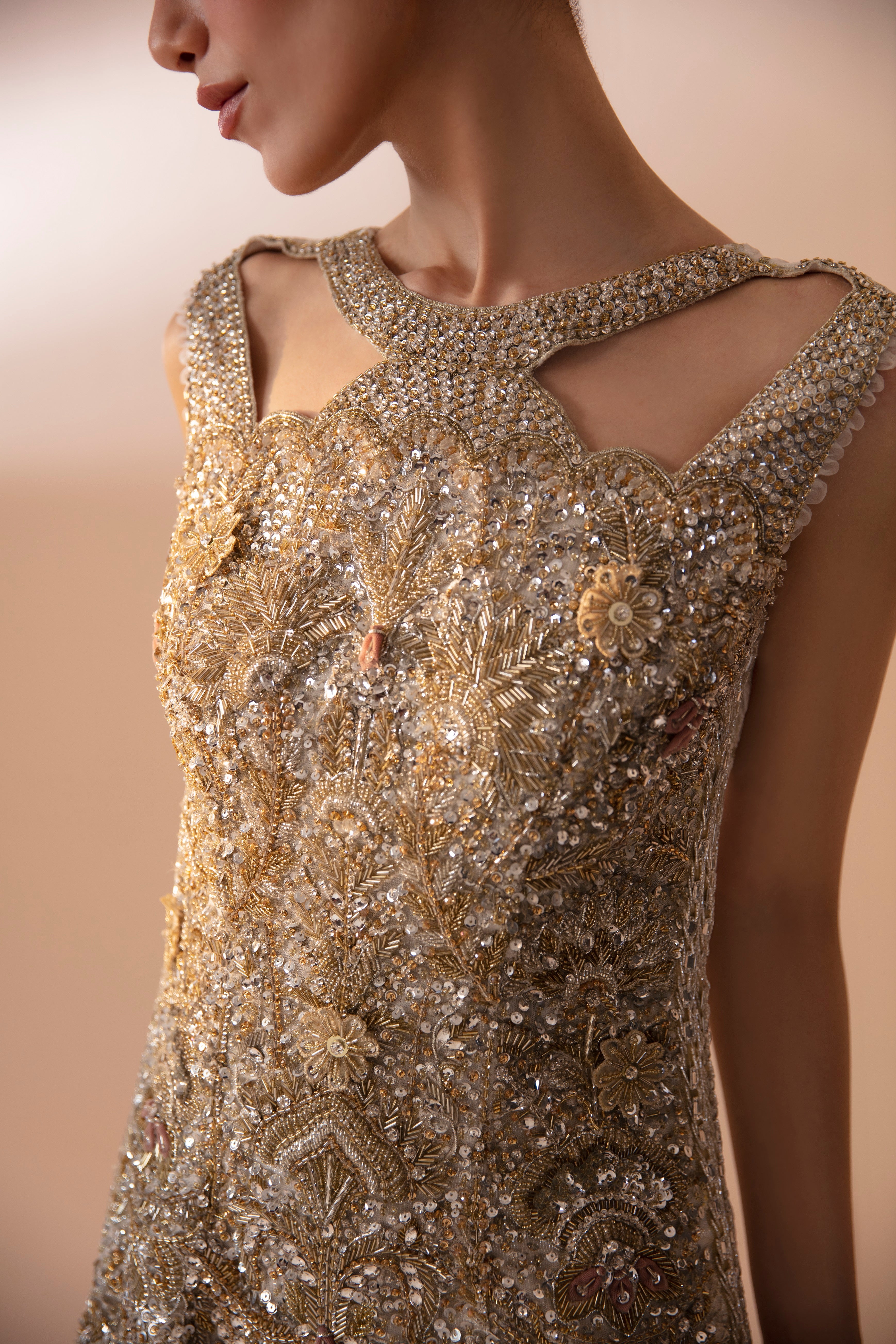 Pakistani Gold Hand-Embellished Net Gown (2-Piece) - Image 4