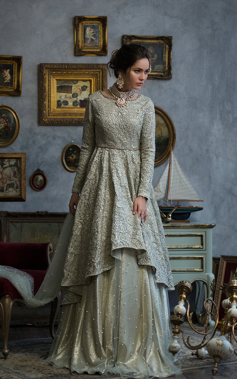 Pale Gold Embroidered Net Bridal Gown (2-Piece) - Image 1