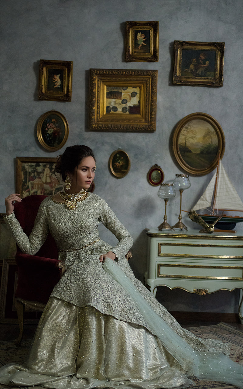 Pale Gold Embroidered Net Bridal Gown (2-Piece) - Image 3