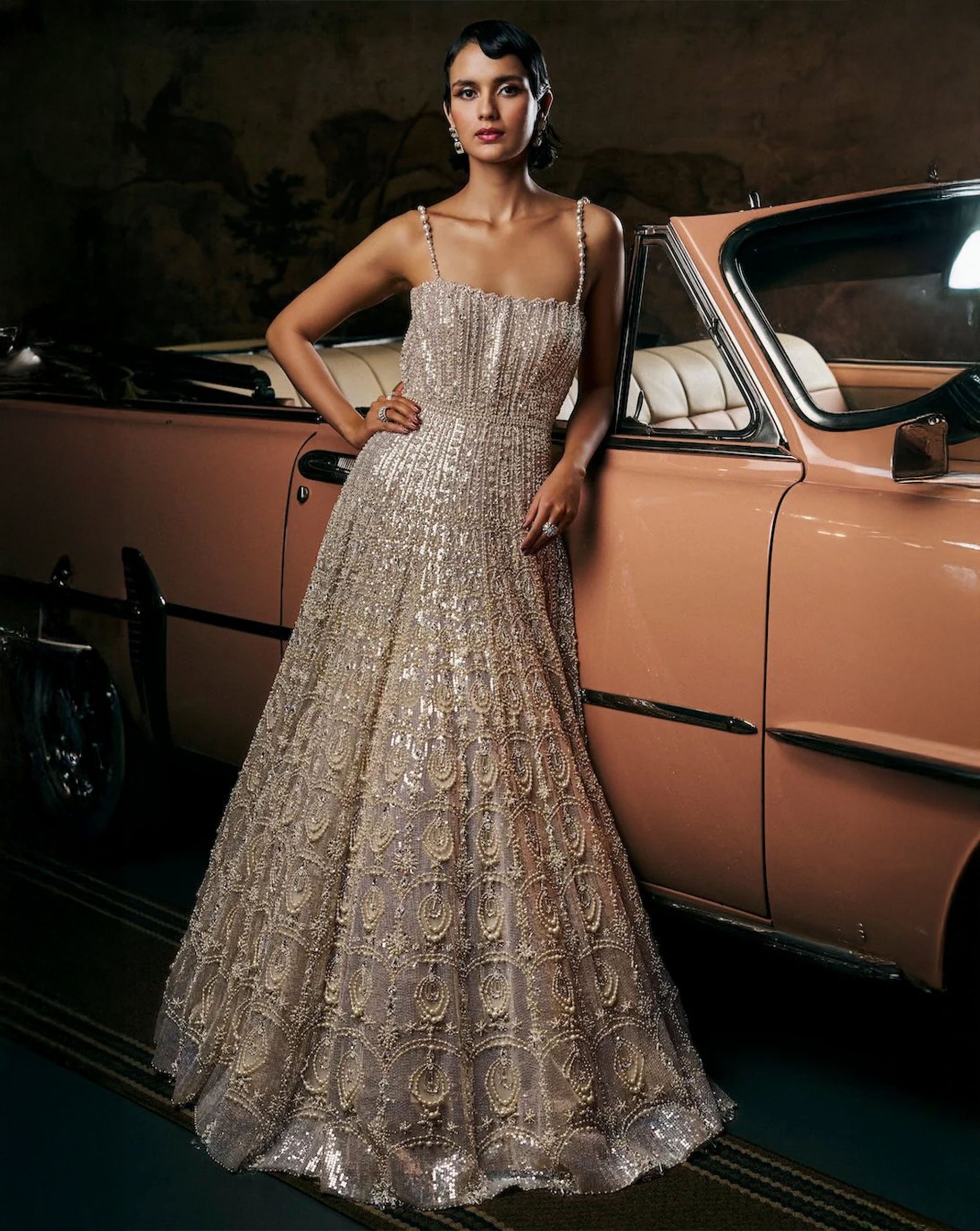 Champagne Sequin Pearl Net Gown (1-Pc) - Image 2