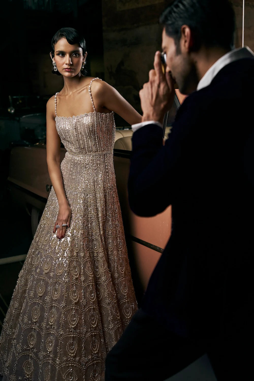 Champagne Sequin Pearl Net Gown (1-Pc) - Image 6