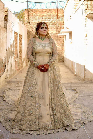 Pakistani Champagne Embellished Net Bridal Gown (2-Piece) - Image 2