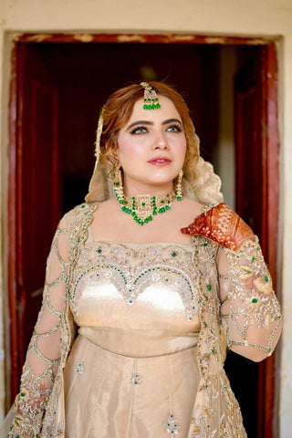 Pakistani Champagne Embellished Net Bridal Gown (2-Piece) - Image 3